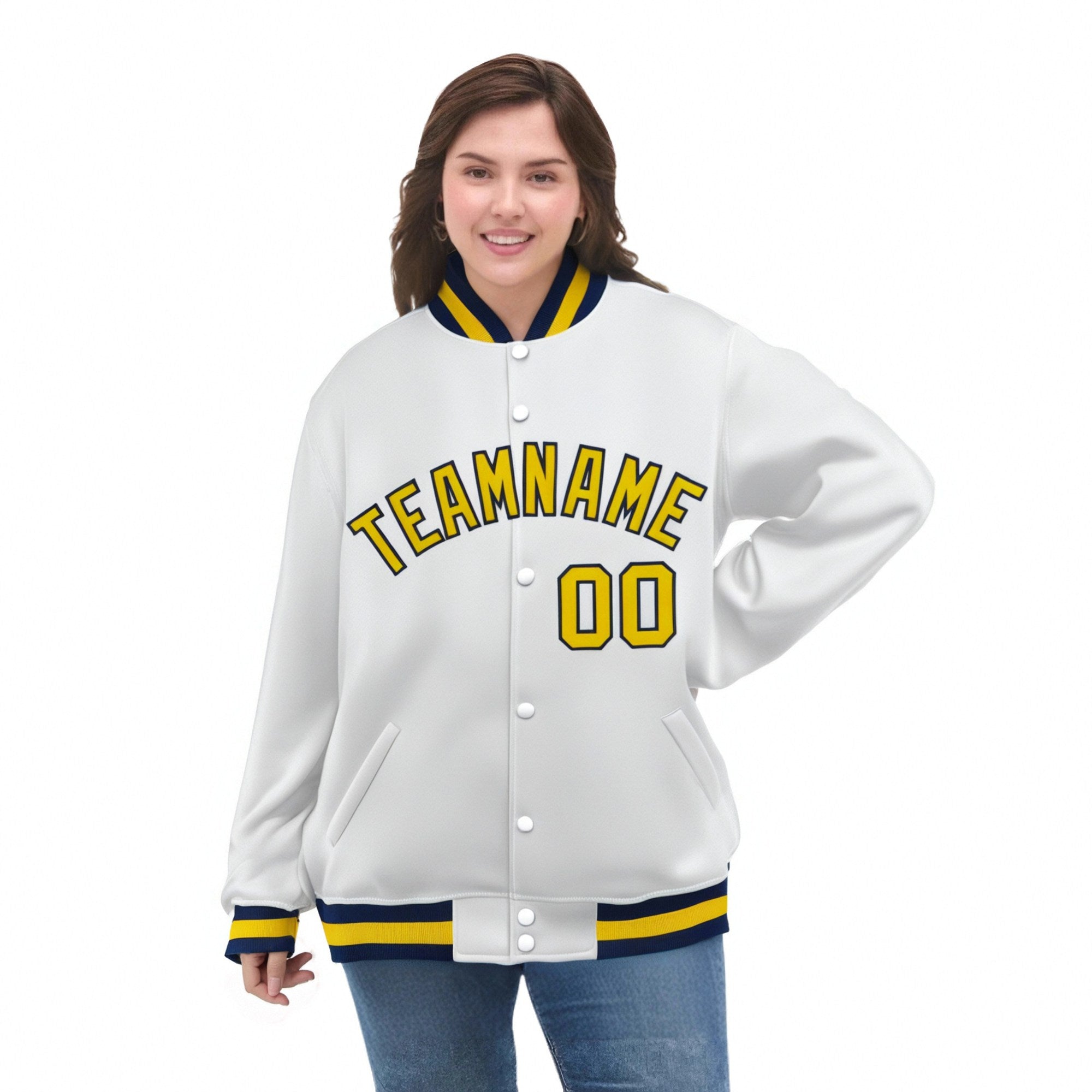 Custom White Yellow-Navy Bomber Full-Snap Varsity Letterman Jacket