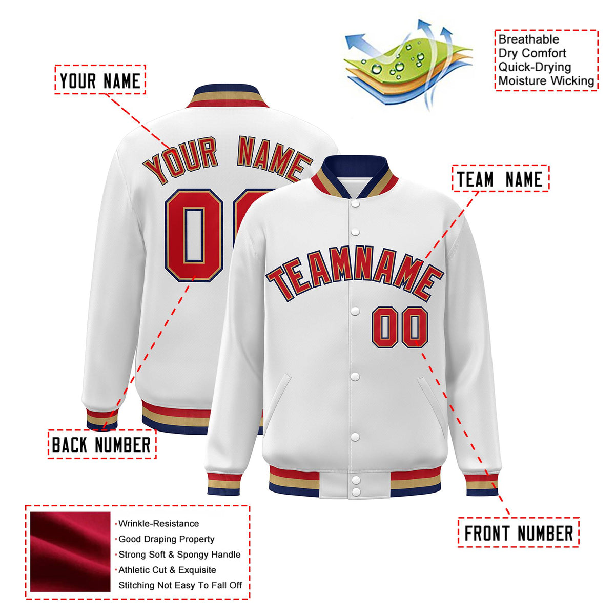 Custom White Red-Navy Old-Gold Bomber Full-Snap Varsity Letterman Jacket