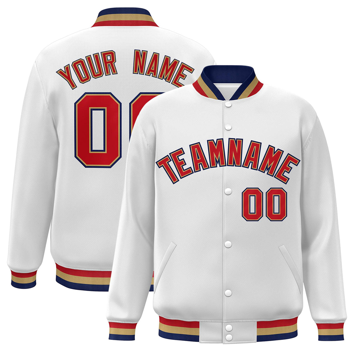 Custom White Red-Navy Old-Gold Bomber Full-Snap Varsity Letterman Jacket
