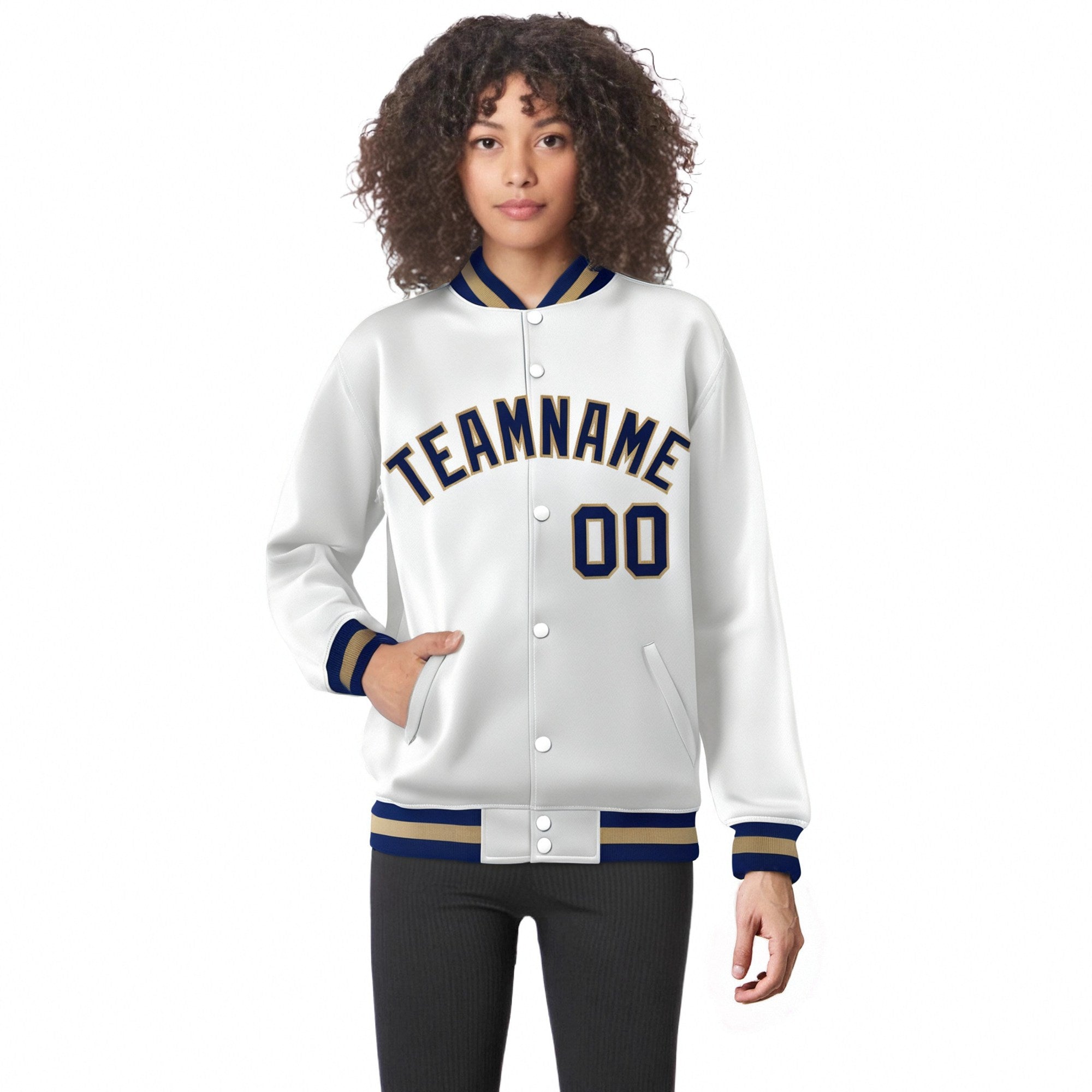 Custom White Navy Old-Gold Bomber Full-Snap Varsity Letterman Jacket