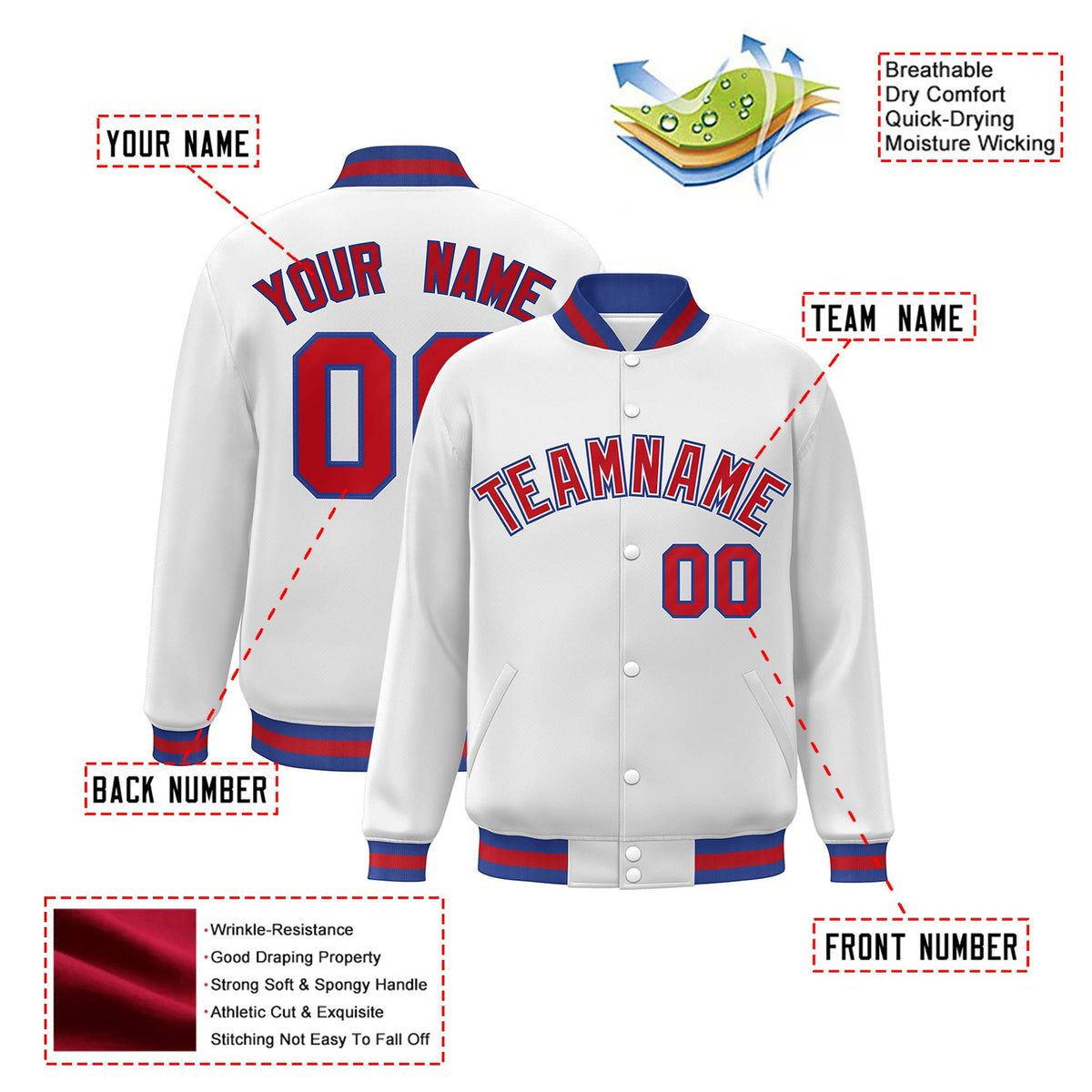 Custom White Red-Blue Bomber Full-Snap Varsity Letterman Jacket