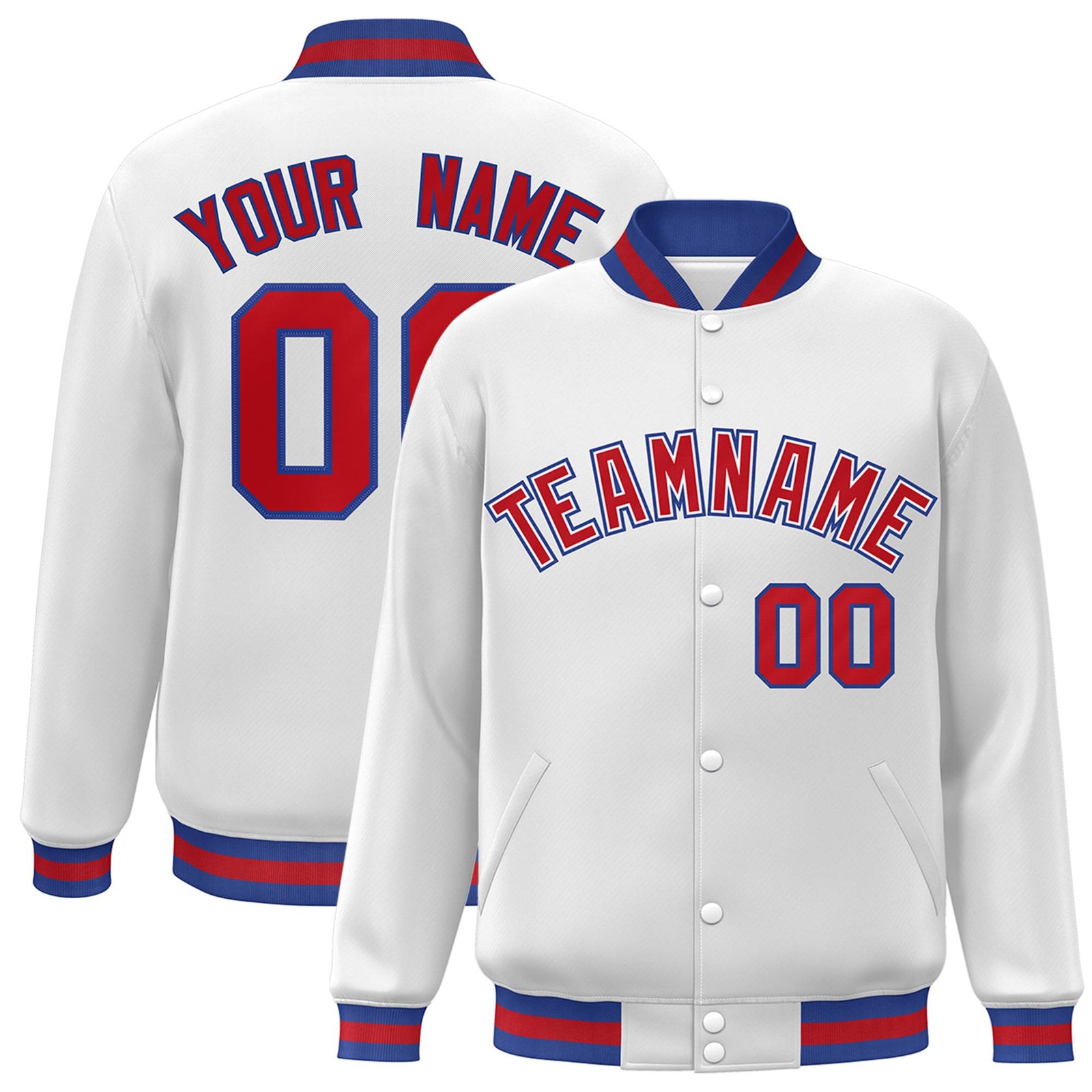 Custom White Red-Blue Bomber Full-Snap Varsity Letterman Jacket