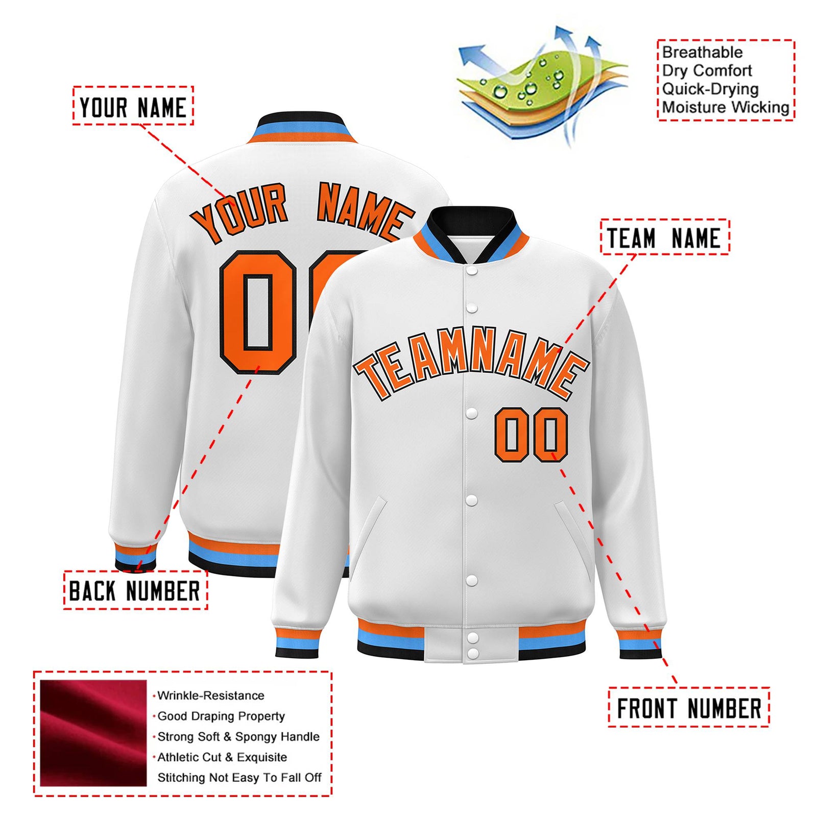 Custom White Orange Light-Blue Bomber Full-Snap Varsity Letterman Jacket