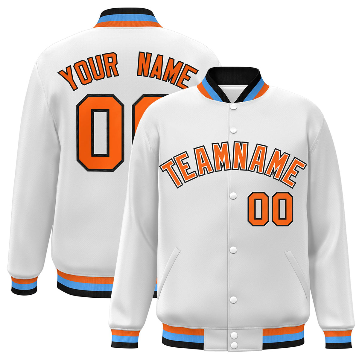 Custom White Orange Light-Blue Bomber Full-Snap Varsity Letterman Jacket