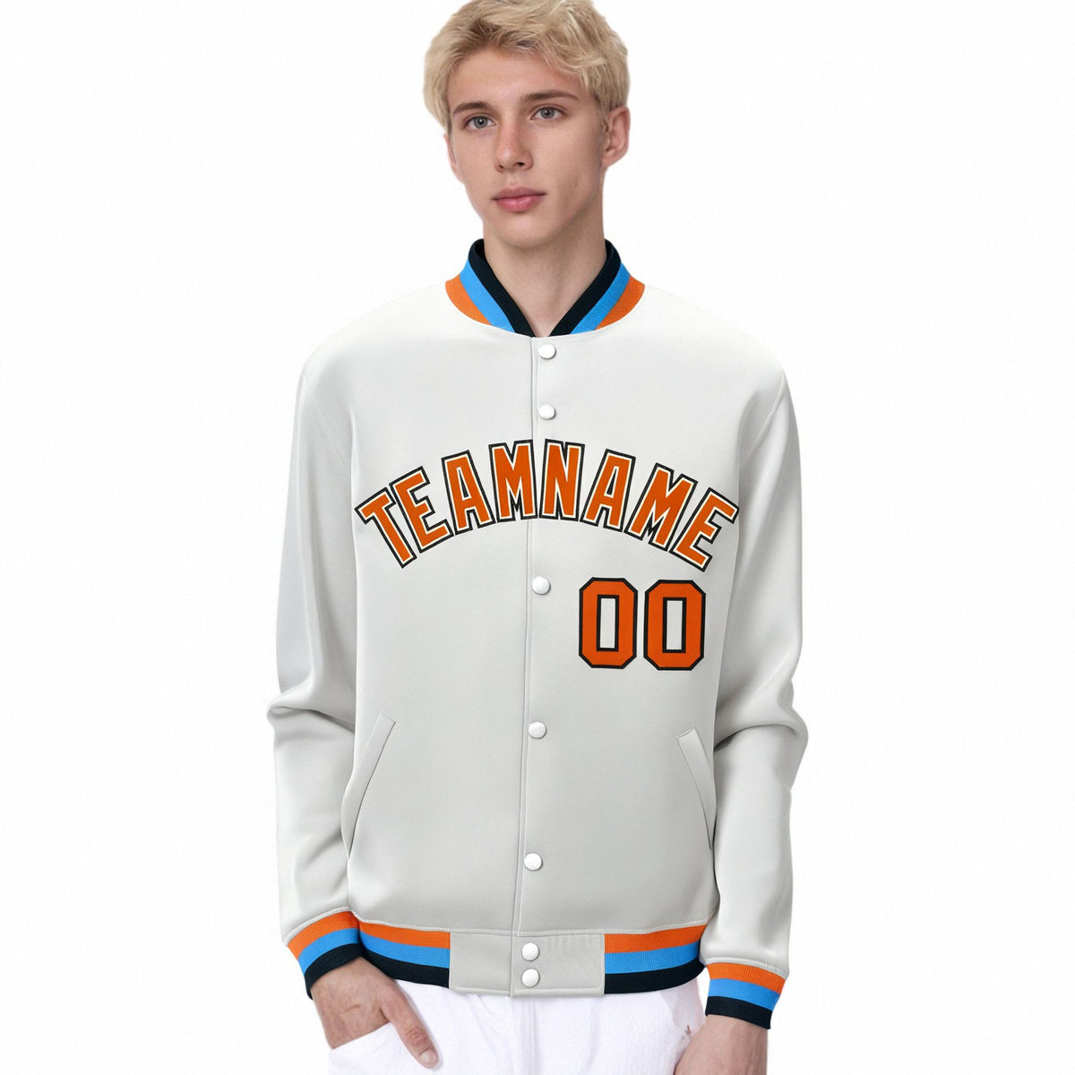 Custom White Orange Light-Blue Bomber Full-Snap Varsity Letterman Jacket