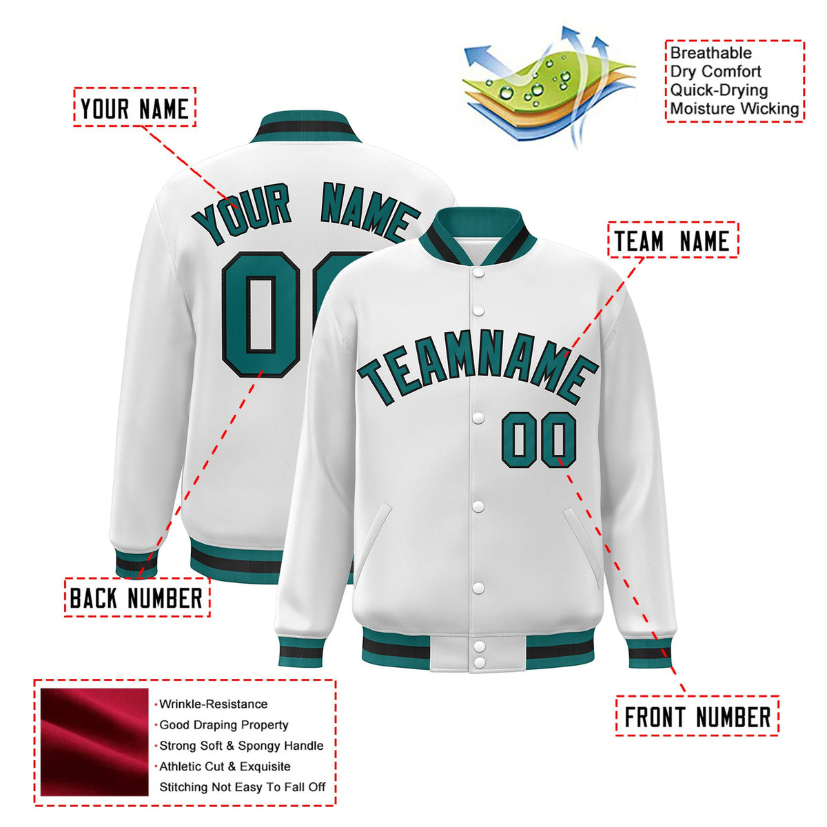 Custom White Aqua-Black Bomber Full-Snap Varsity Letterman Jacket