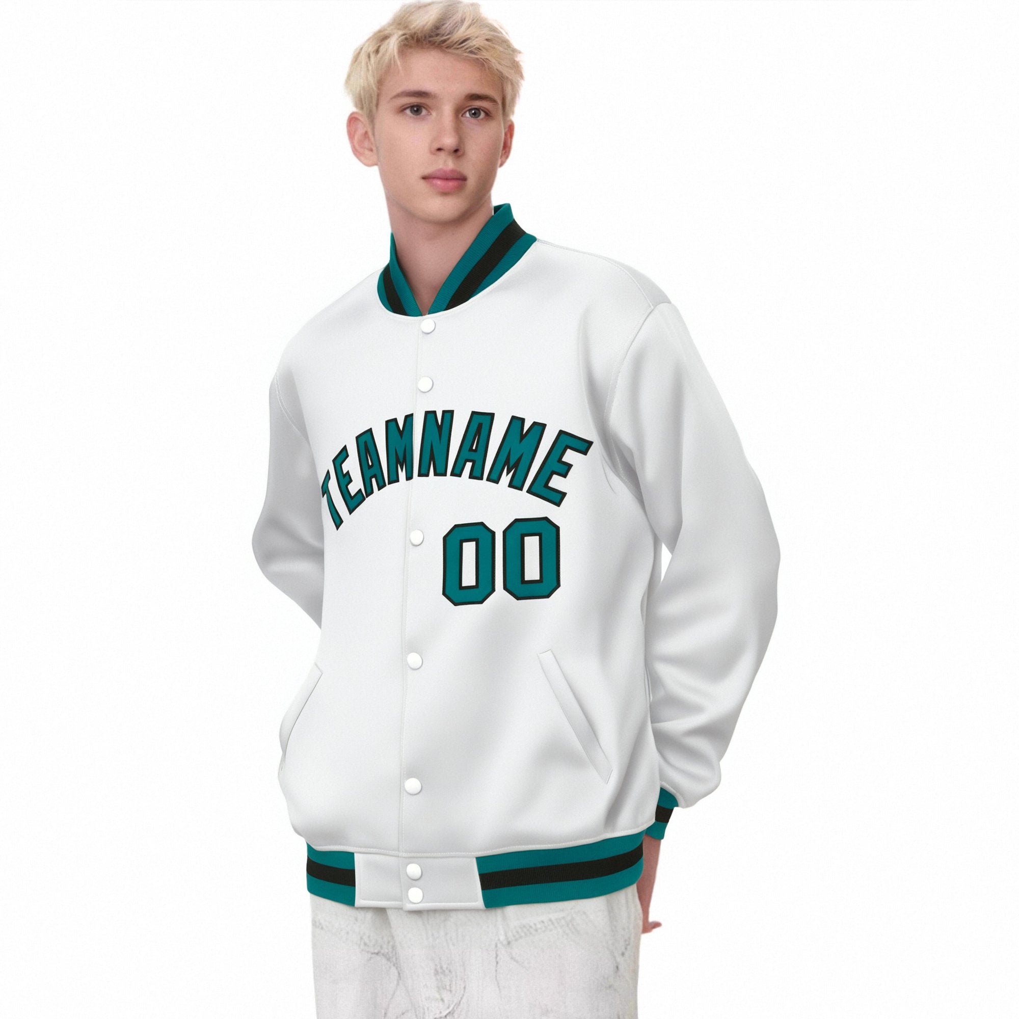 Custom White Aqua-Black Bomber Full-Snap Varsity Letterman Jacket