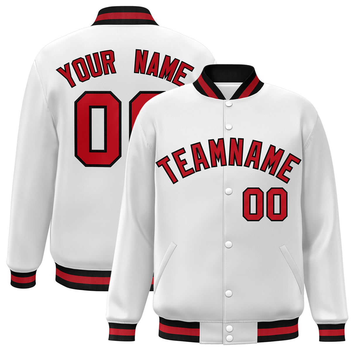 Custom White Red-Black Bomber Full-Snap Varsity Letterman Jacket
