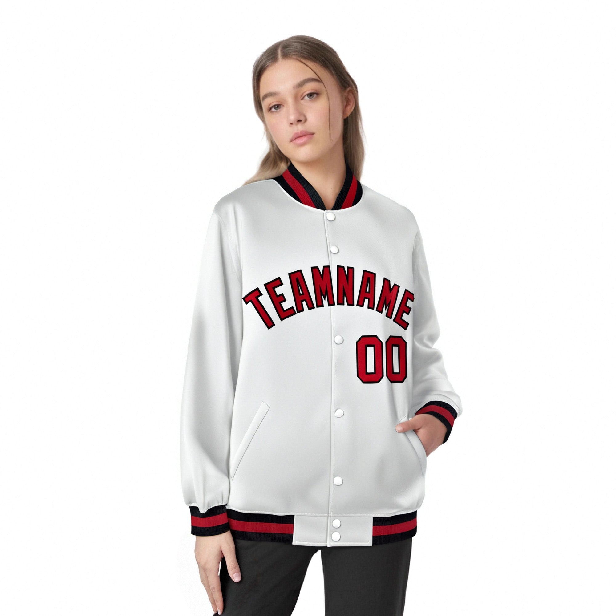 Custom White Red-Black Bomber Full-Snap Varsity Letterman Jacket