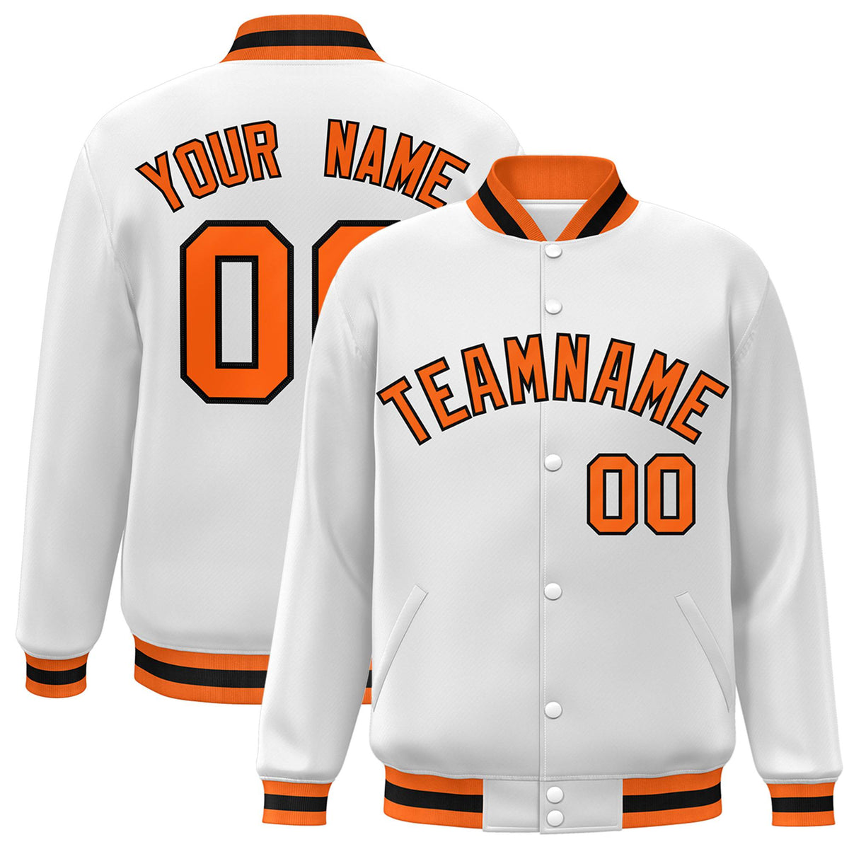 Custom White Orange-Black Bomber Full-Snap Varsity Letterman Jacket