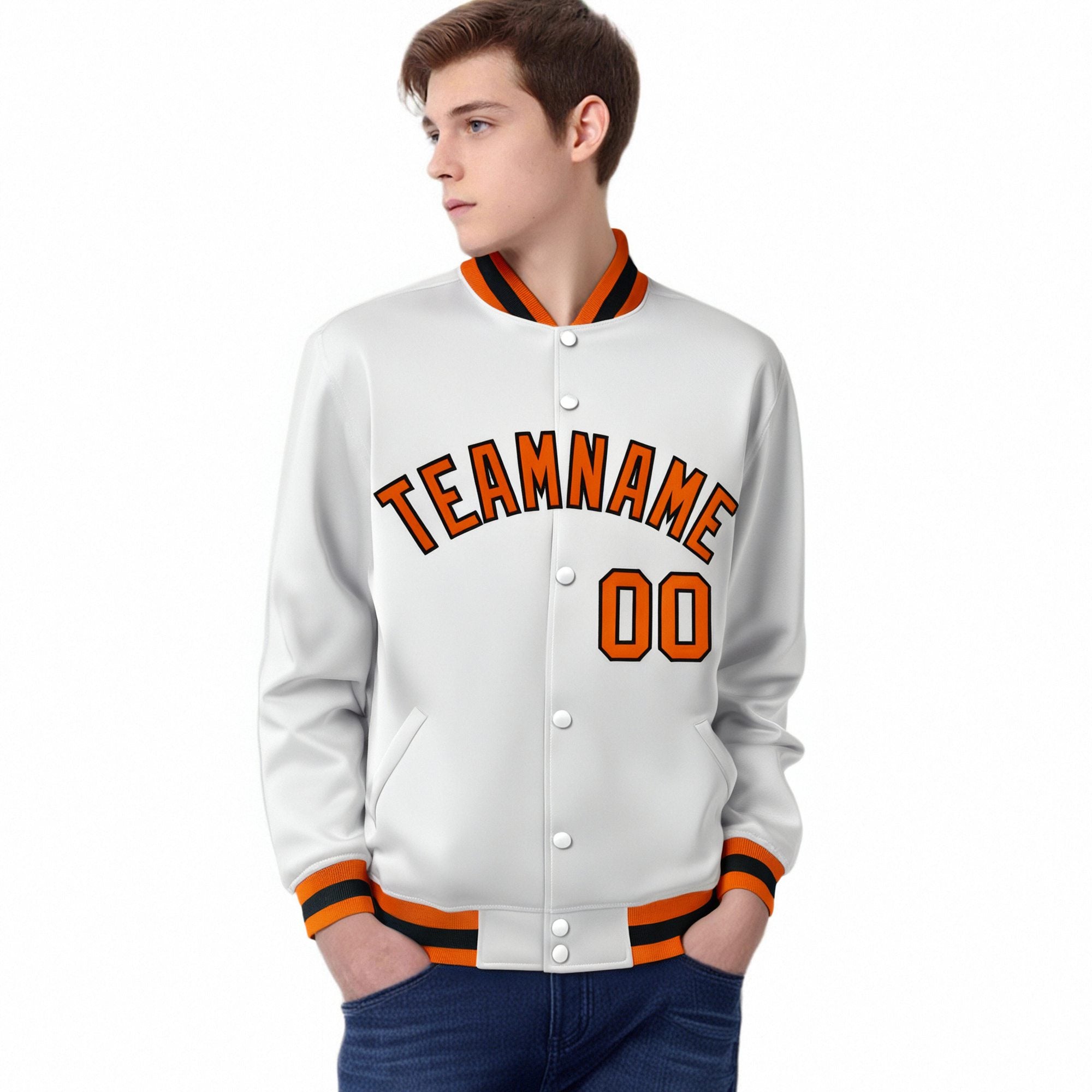 Custom White Orange-Black Bomber Full-Snap Varsity Letterman Jacket