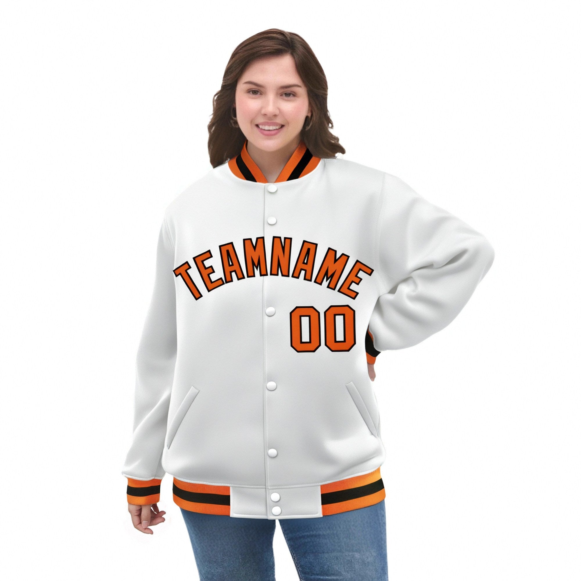 Custom White Orange-Black Bomber Full-Snap Varsity Letterman Jacket