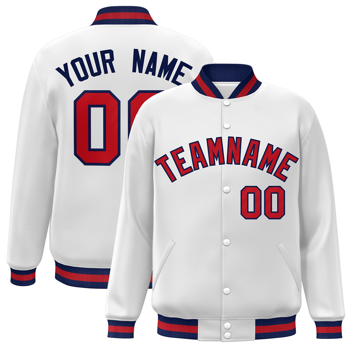 Custom White Red-Navy Bomber Full-Snap Varsity Letterman Jacket