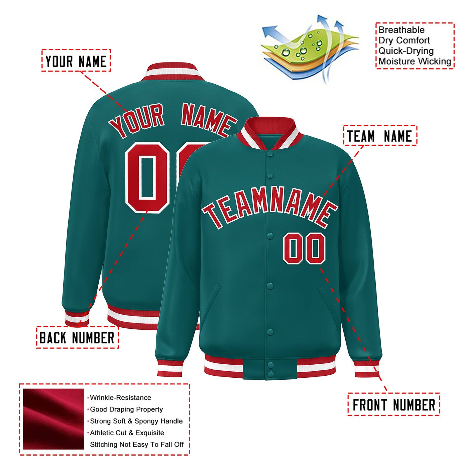 Custom Aqua Red-White Bomber Full-Snap Varsity Letterman Jacket