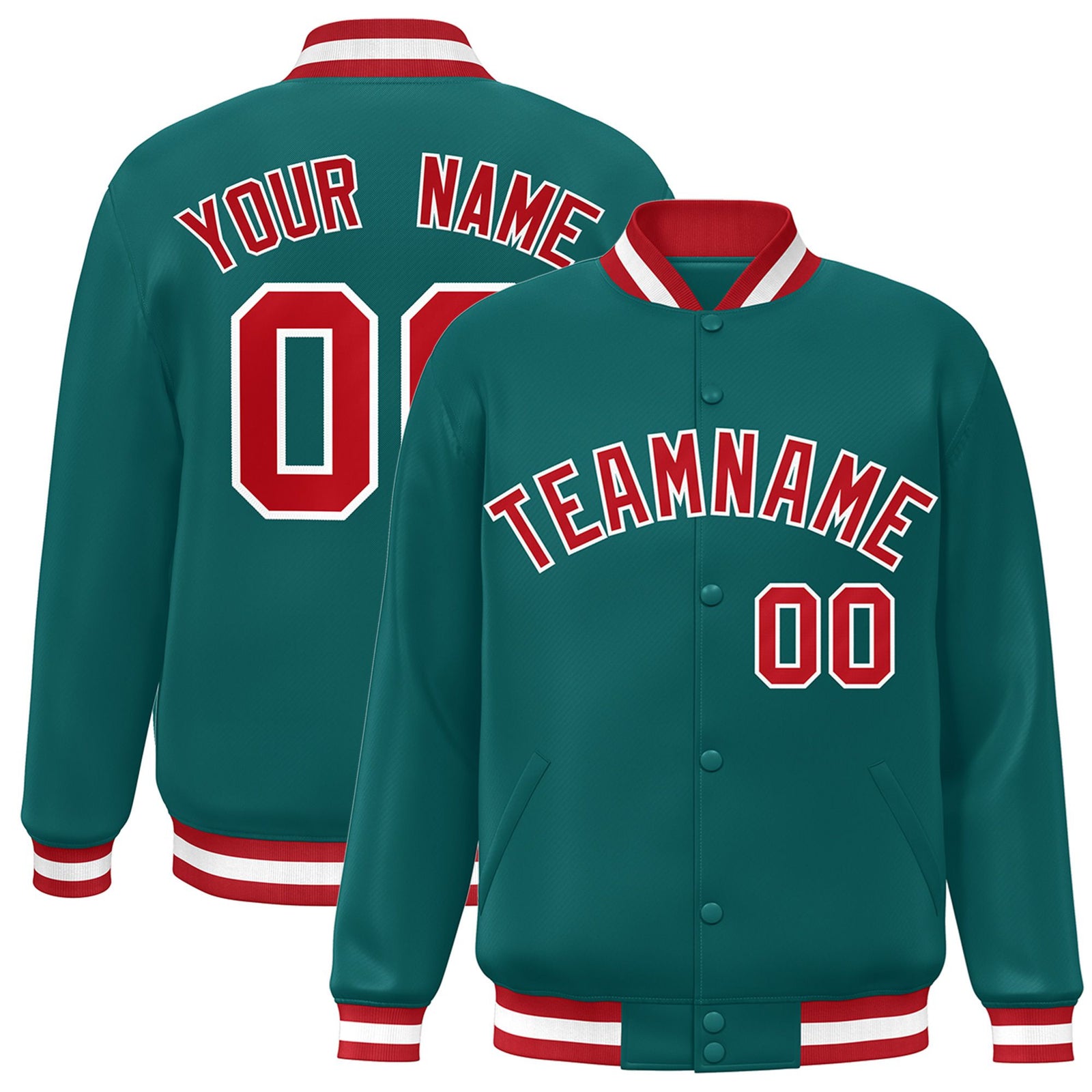 Custom Aqua Red-White Bomber Full-Snap Varsity Letterman Jacket
