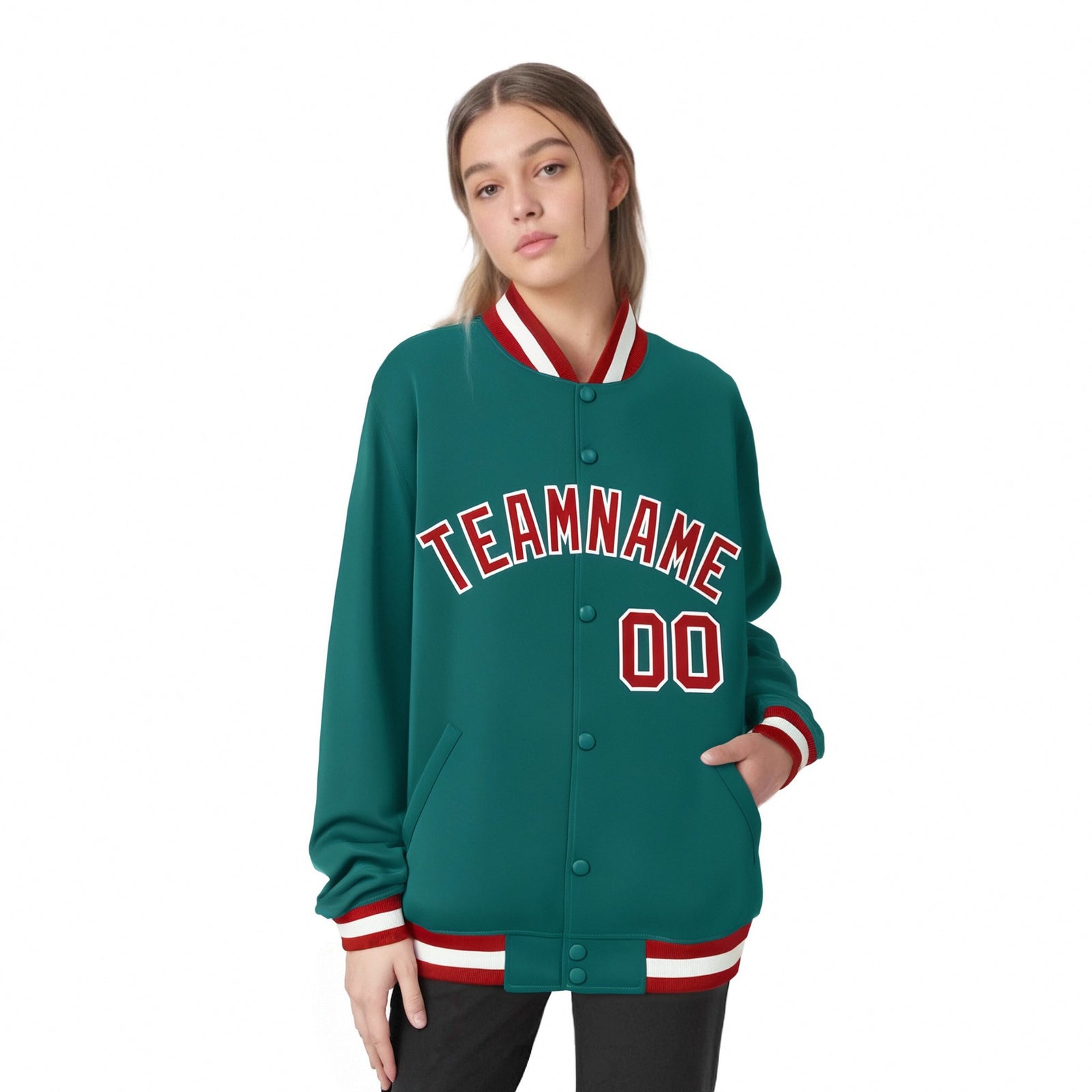 Custom Aqua Red-White Bomber Full-Snap Varsity Letterman Jacket