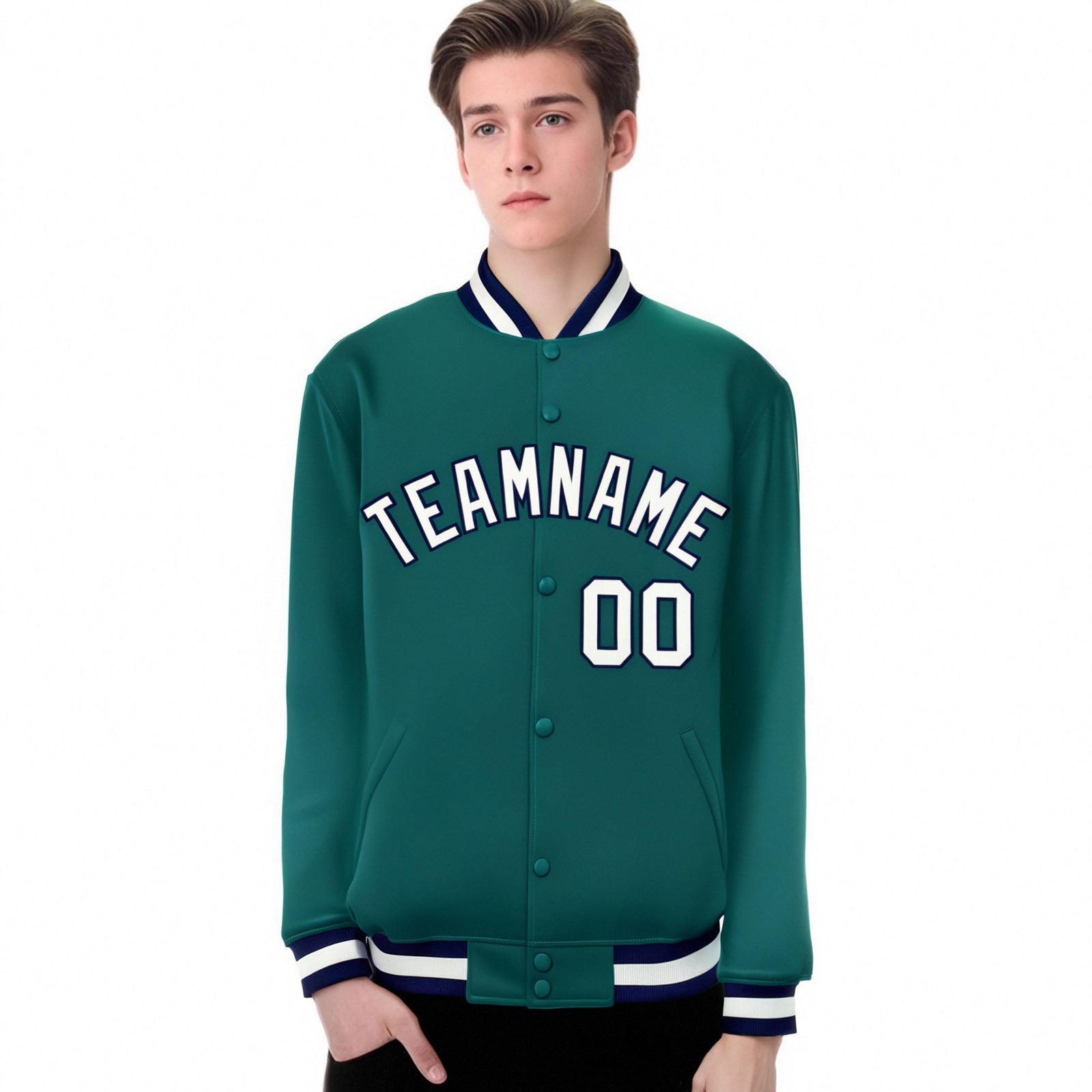 Custom Aqua White-Navy Bomber Full-Snap Varsity Letterman Jacket