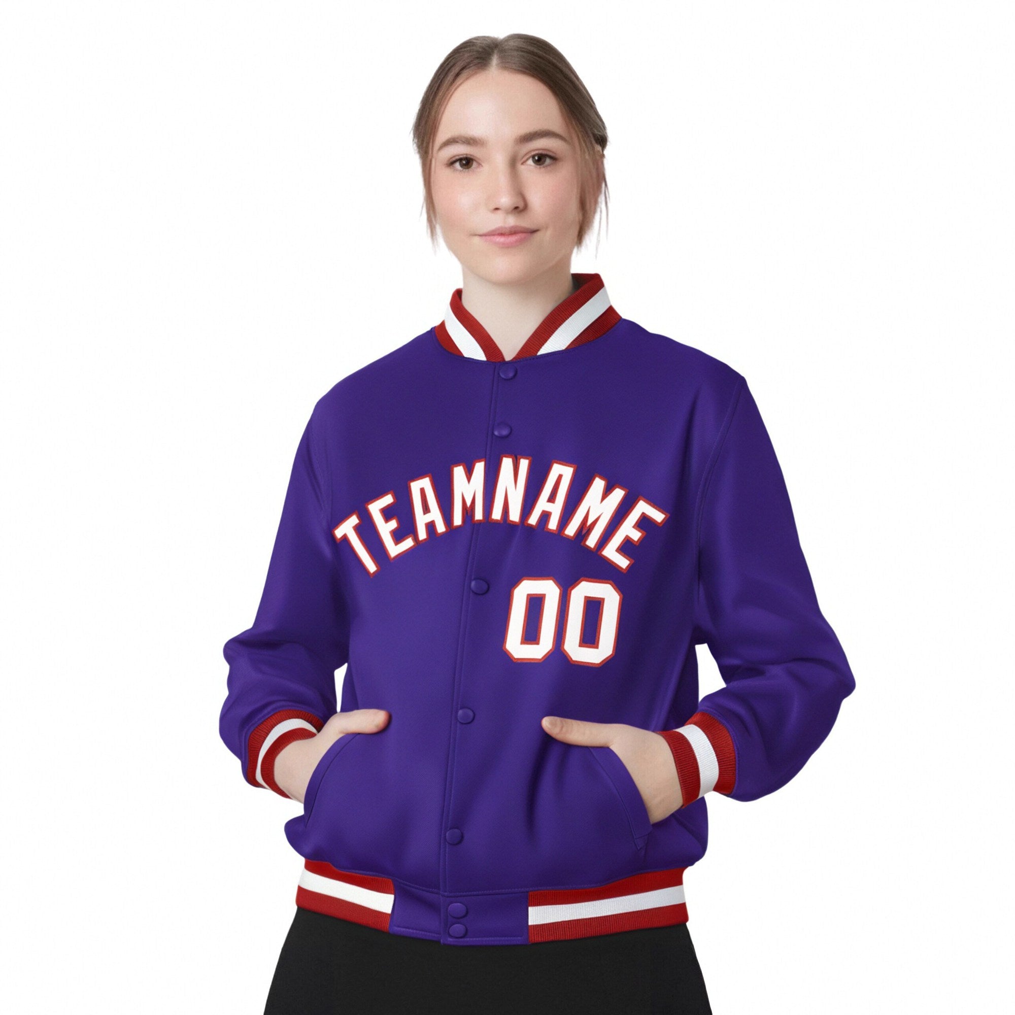 Custom Purple White-Red Bomber Full-Snap Varsity Letterman Jacket