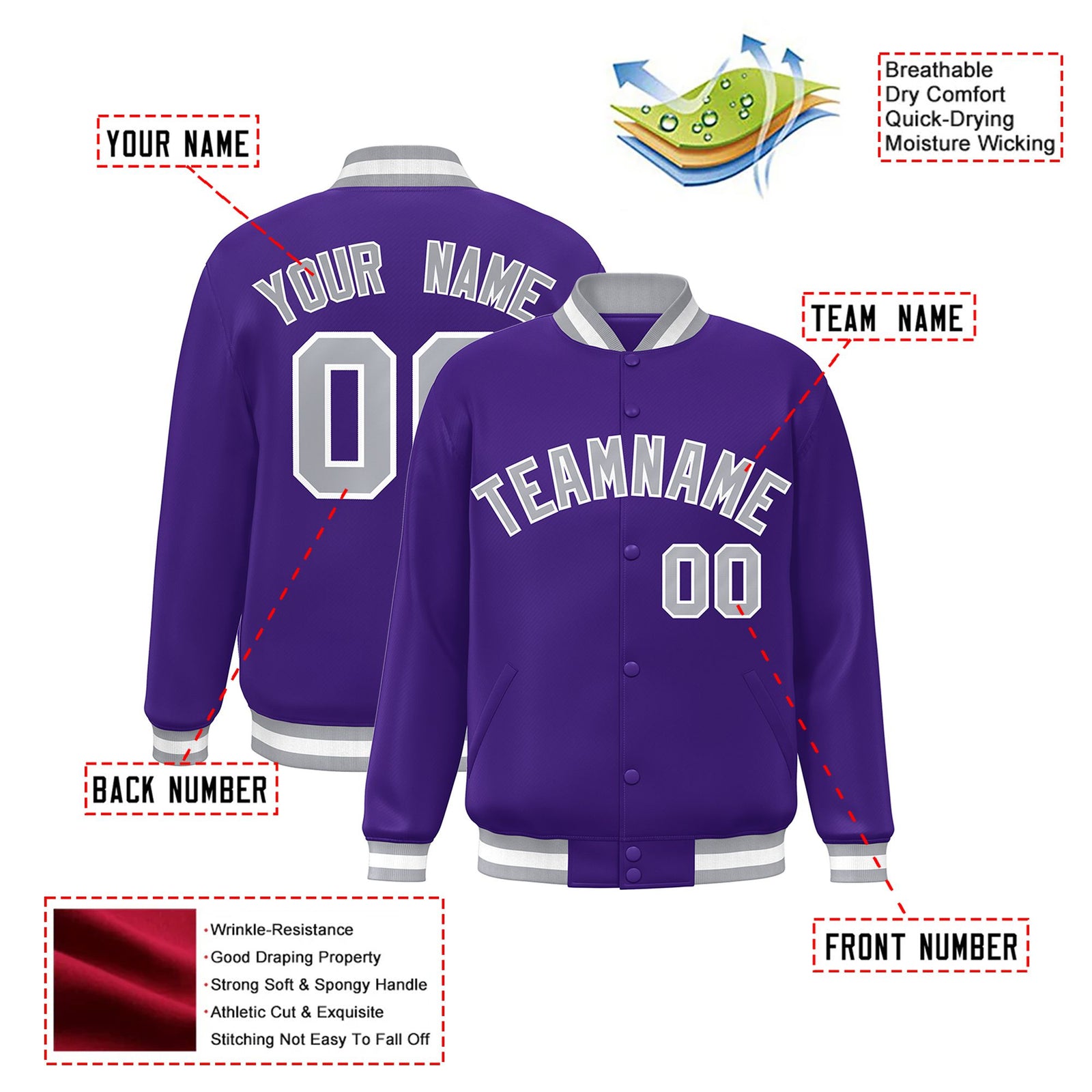 Custom Purple Gray-White Bomber Full-Snap Varsity Letterman Jacket