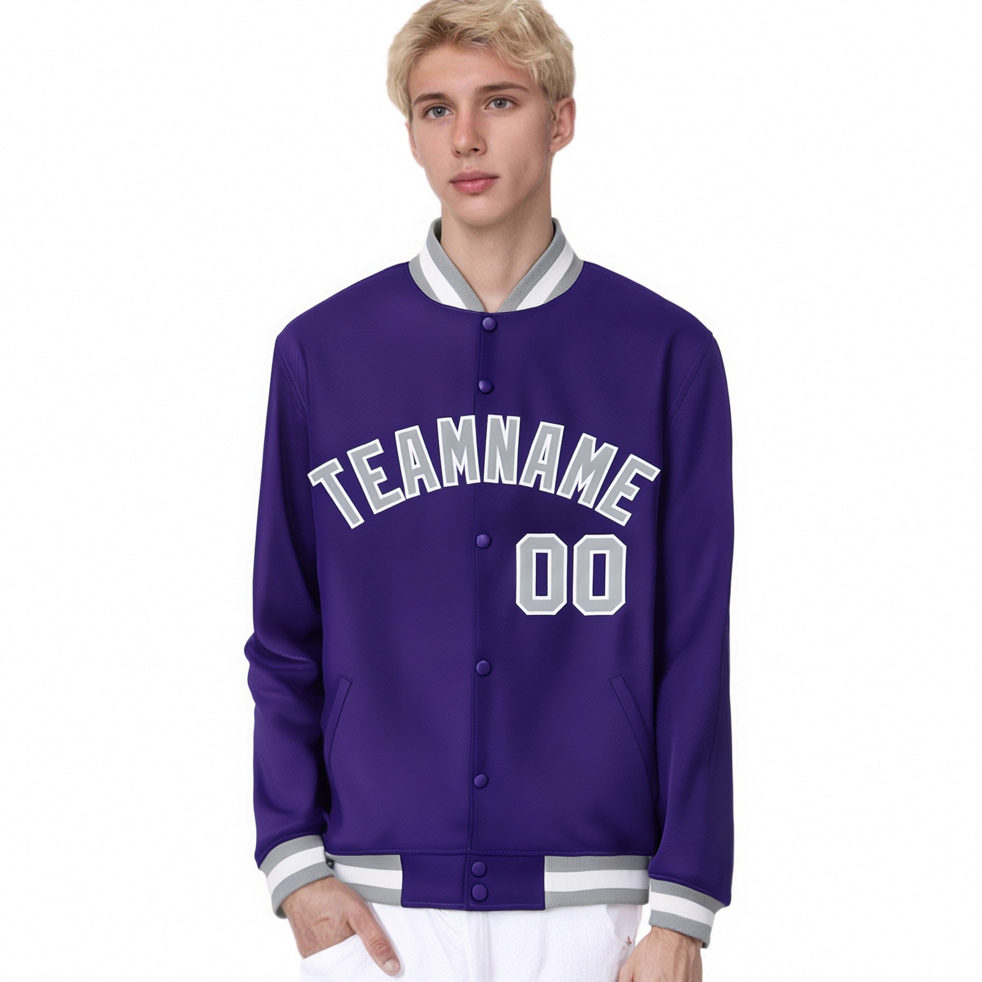 Custom Purple Gray-White Bomber Full-Snap Varsity Letterman Jacket