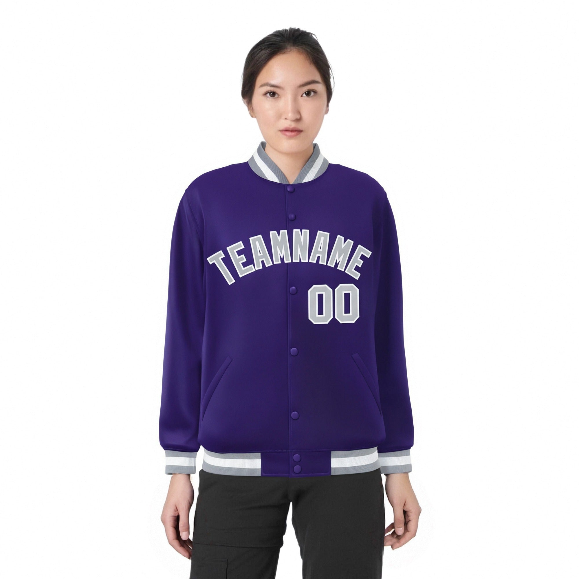 Custom Purple Gray-White Bomber Full-Snap Varsity Letterman Jacket