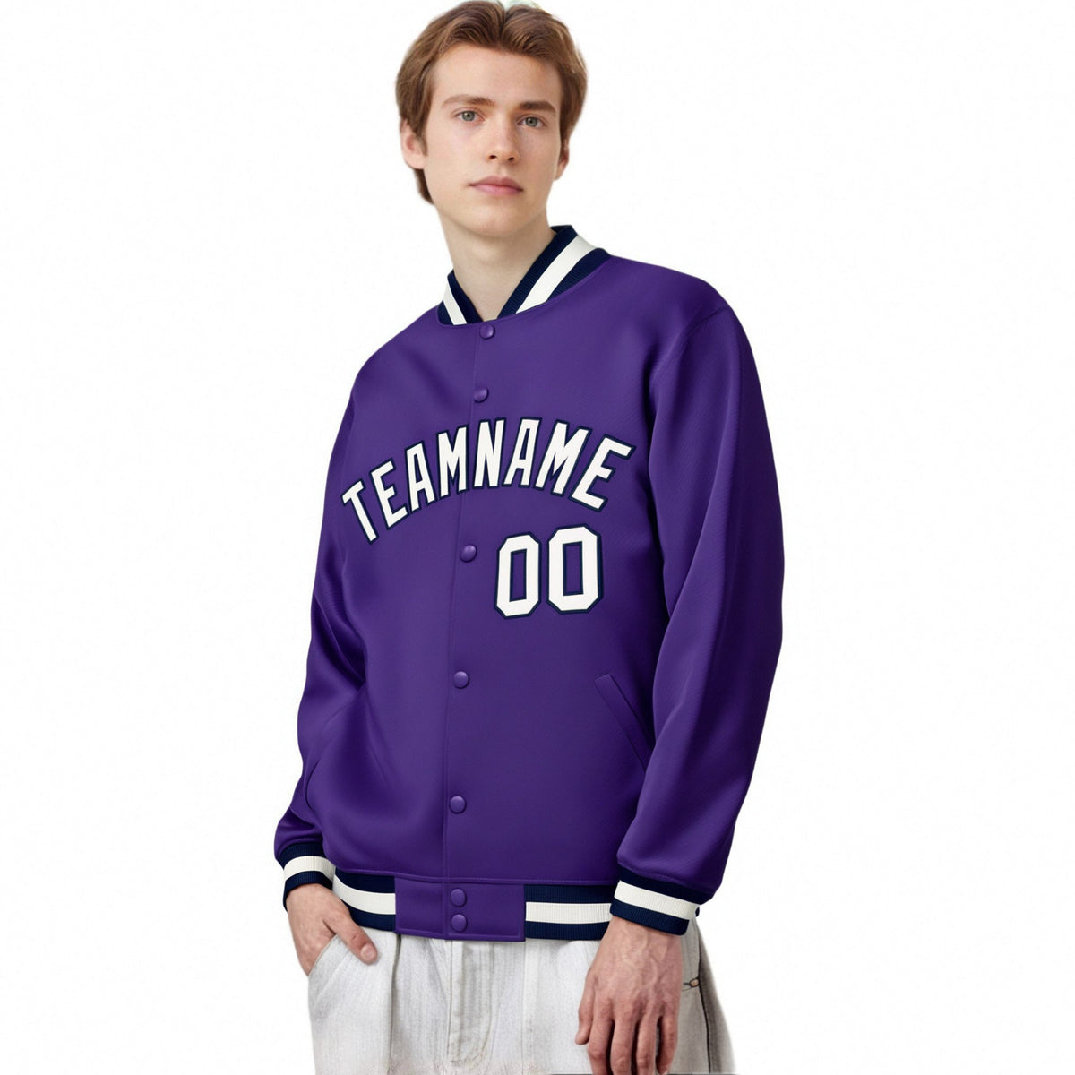 Custom Purple White-Navy Bomber Full-Snap Varsity Letterman Jacket