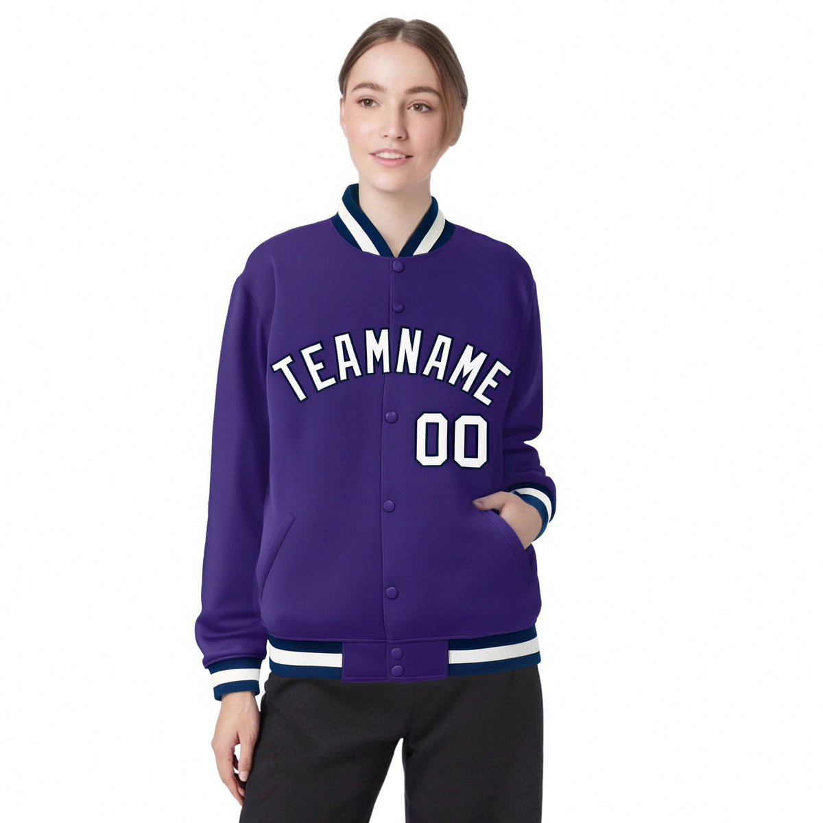 Custom Purple White-Navy Bomber Full-Snap Varsity Letterman Jacket