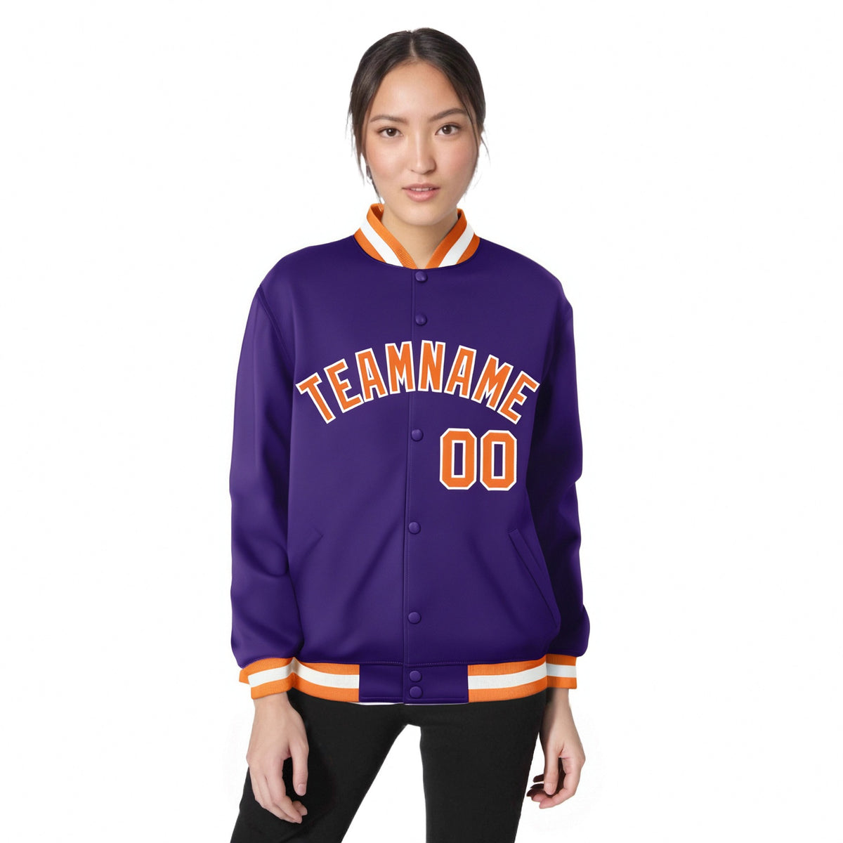 Custom Purple Orange-White Bomber Full-Snap Varsity Letterman Jacket