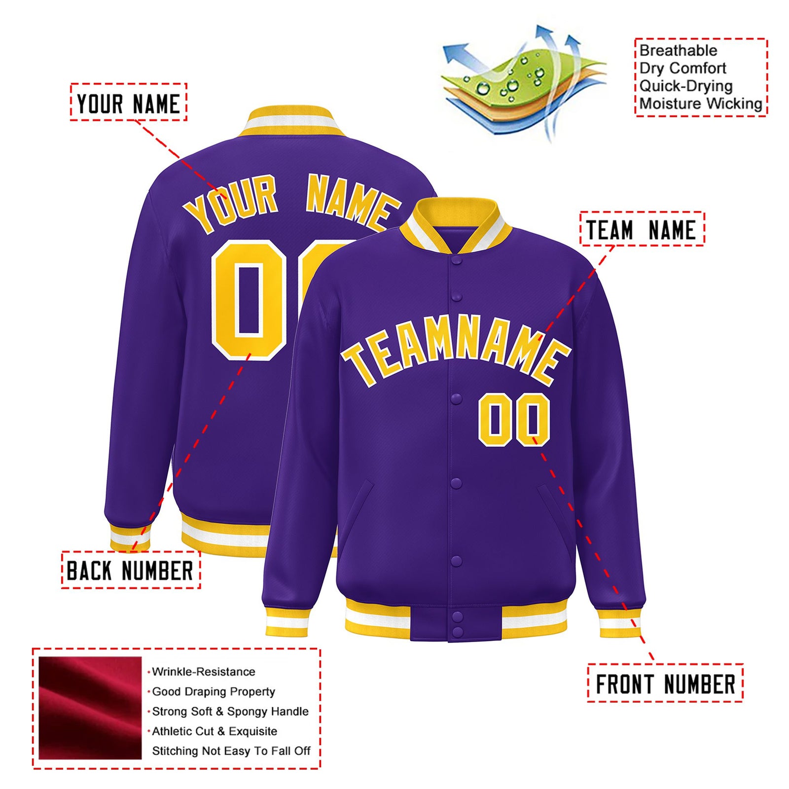 Custom Purple Gold-White Bomber Full-Snap Varsity Letterman Jacket