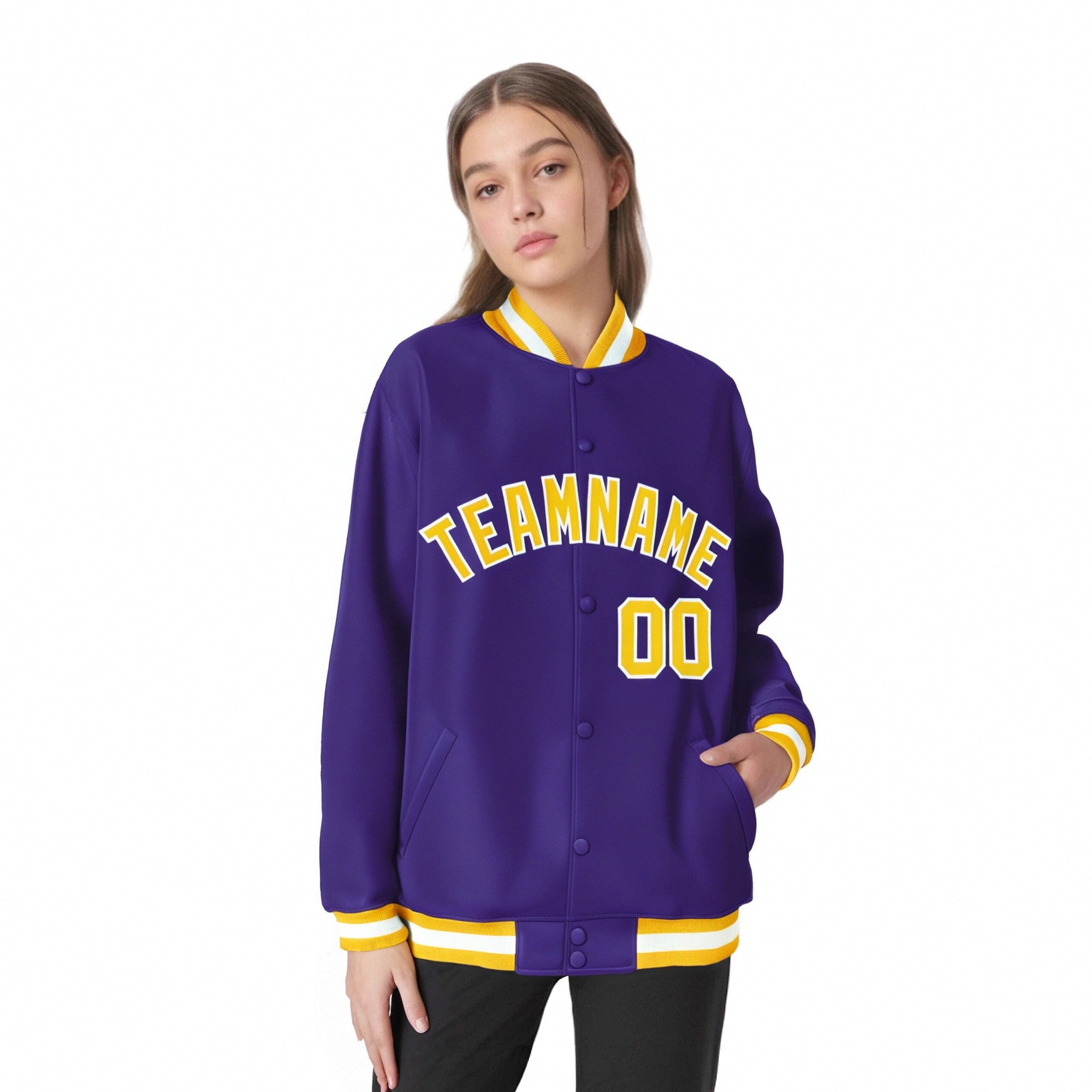 Custom Purple Gold-White Bomber Full-Snap Varsity Letterman Jacket