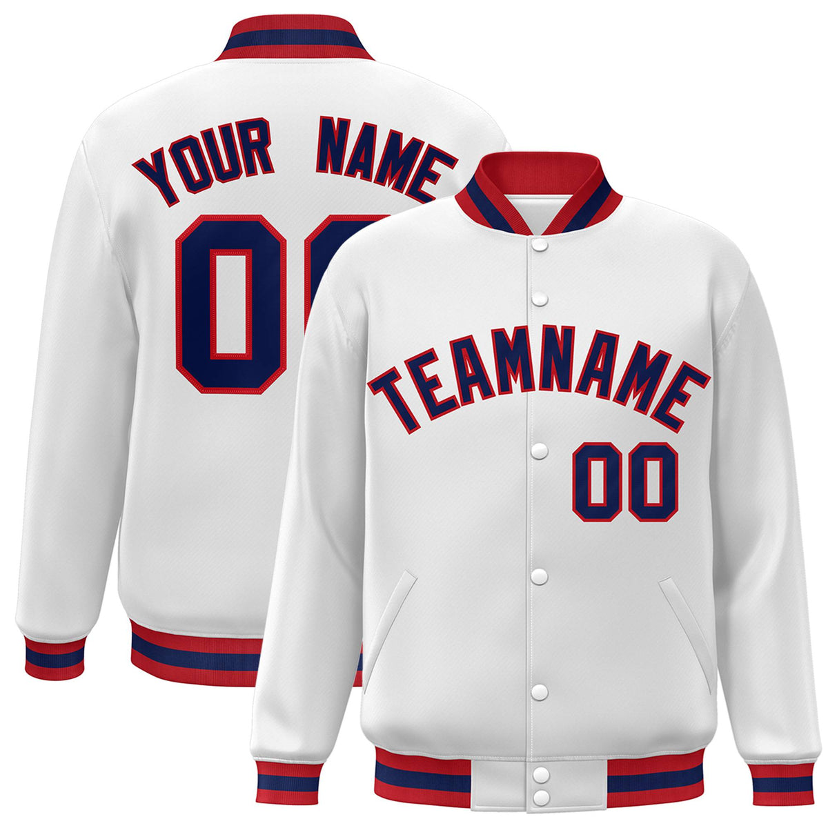 Custom White Navy-Red Bomber Full-Snap Varsity Letterman Jacket