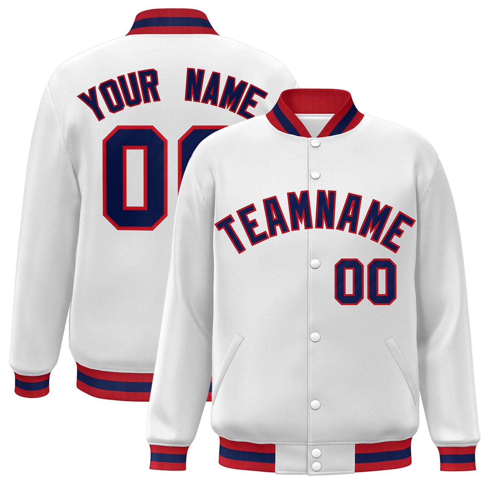 Custom White Navy-Red Bomber Full-Snap Varsity Letterman Jacket