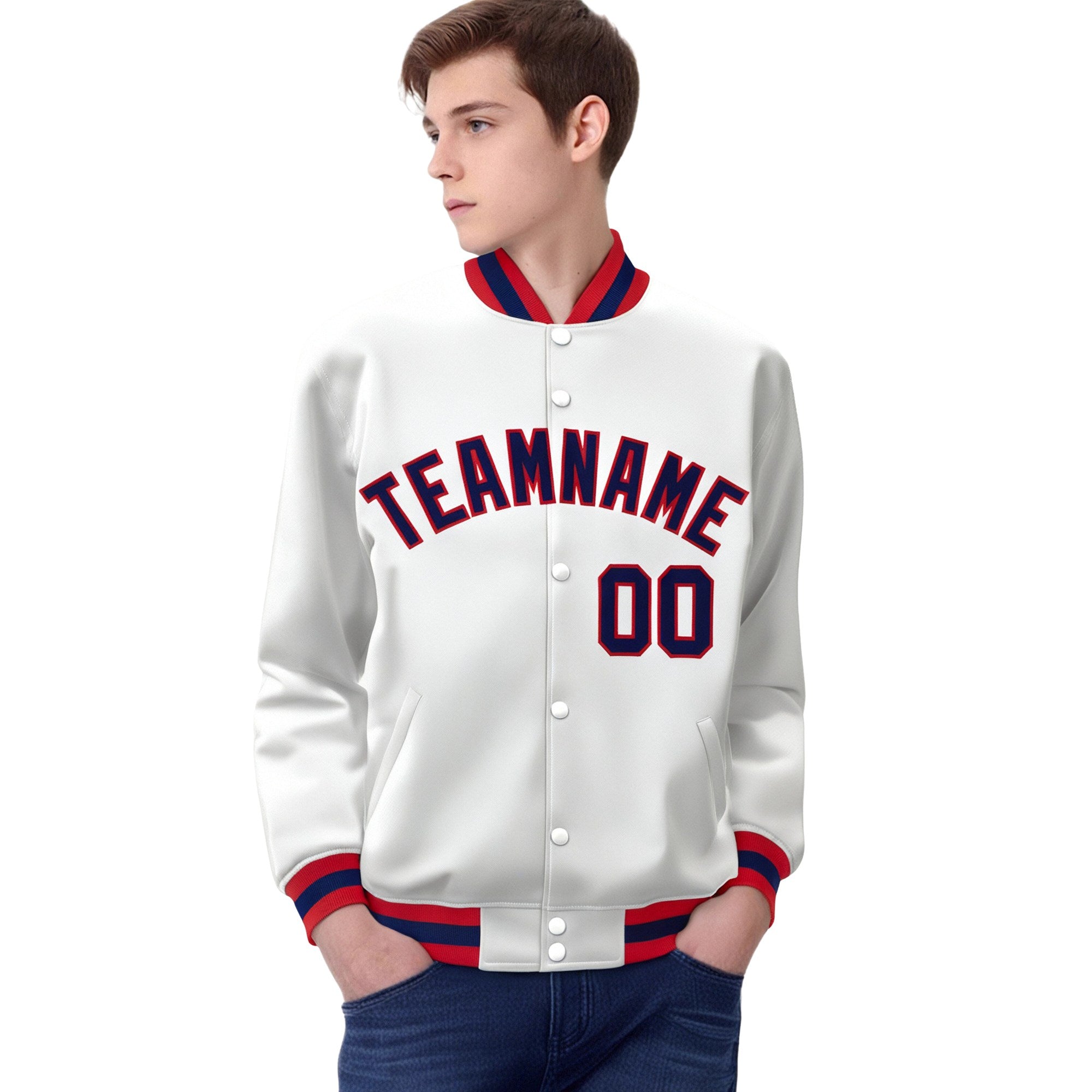 Custom White Navy-Red Bomber Full-Snap Varsity Letterman Jacket