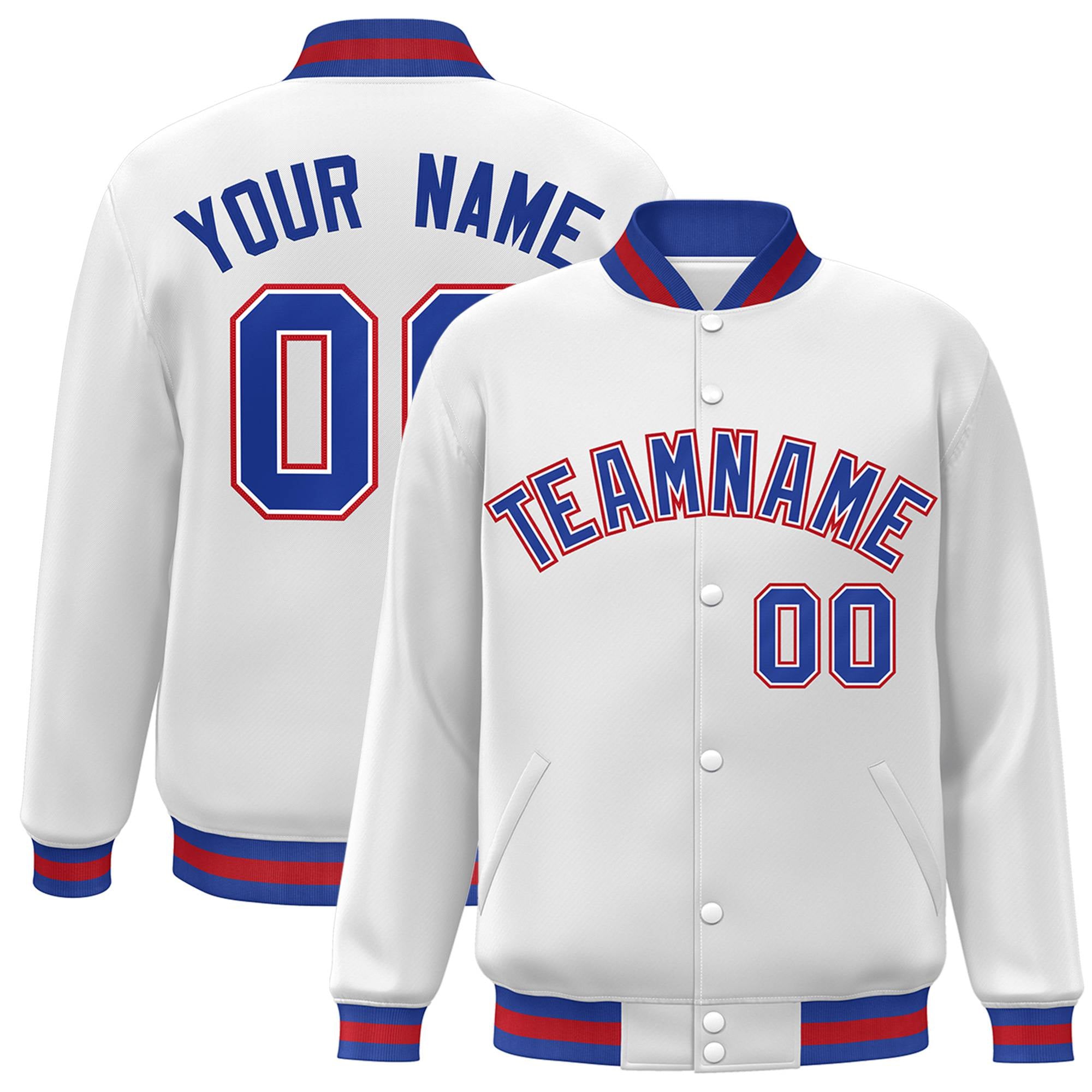 Custom White Thunder-Blue Red Bomber Full-Snap Varsity Letterman Jacket