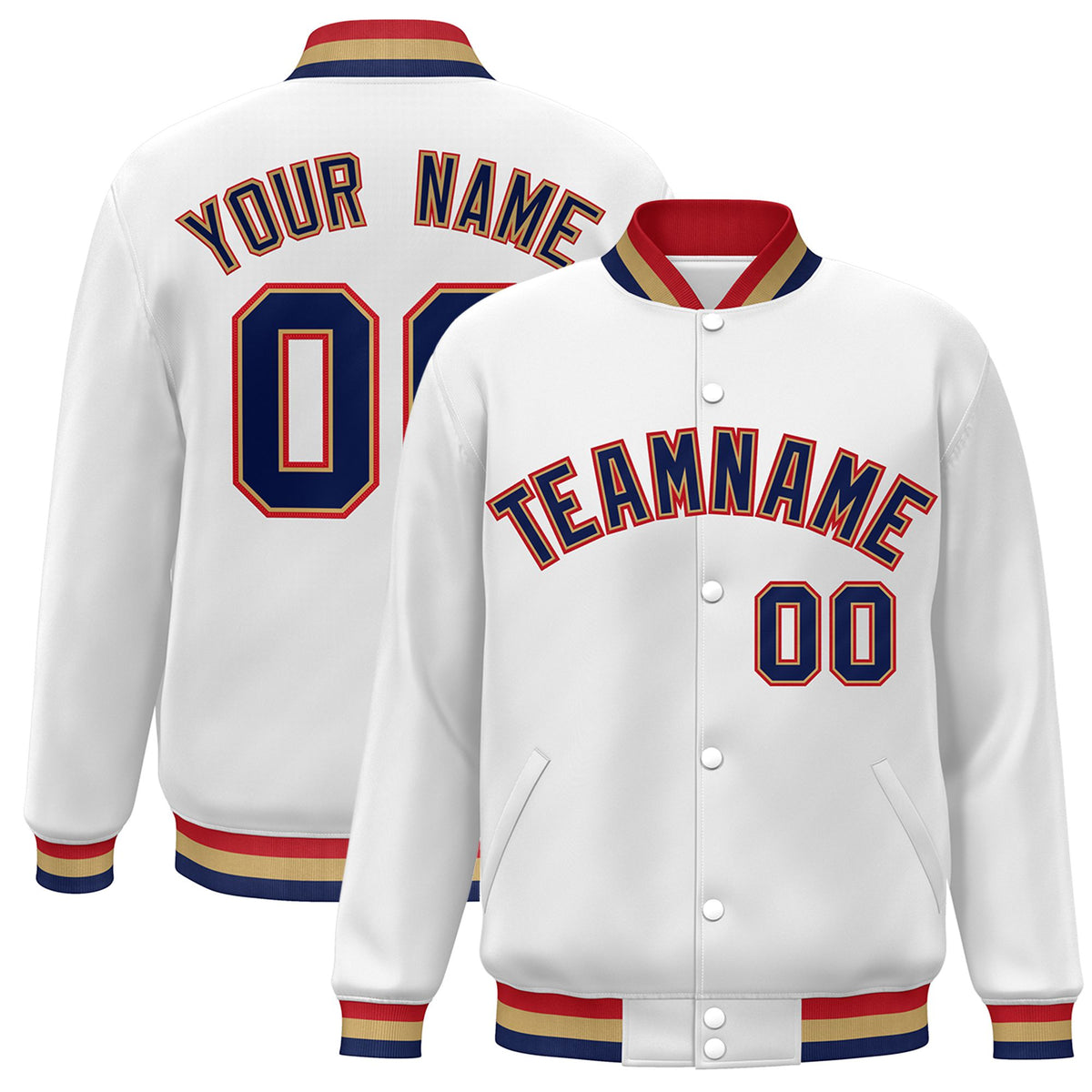 Custom White Navy Old-Gold Bomber Full-Snap Varsity Letterman Jacket
