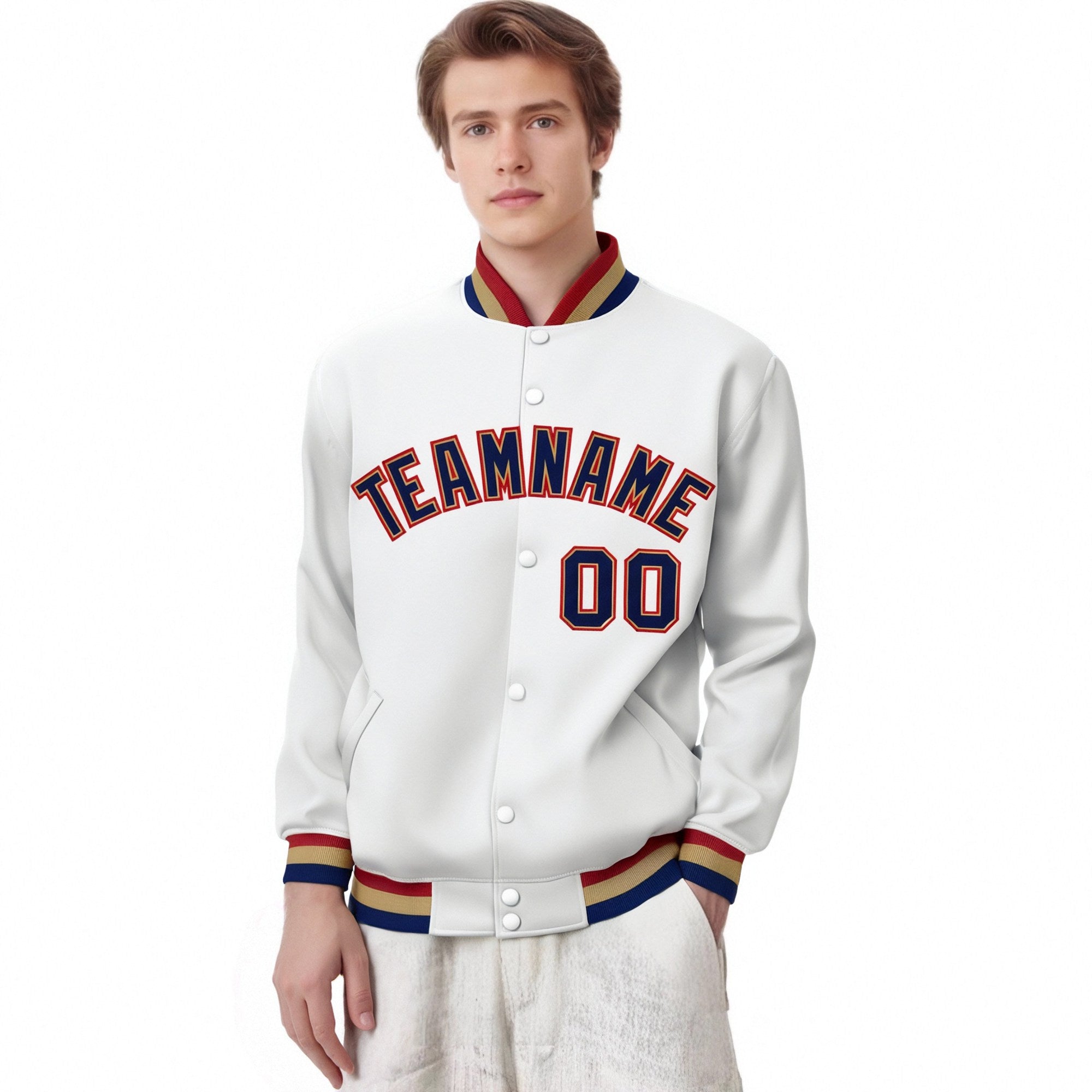 Custom White Navy Old-Gold Bomber Full-Snap Varsity Letterman Jacket