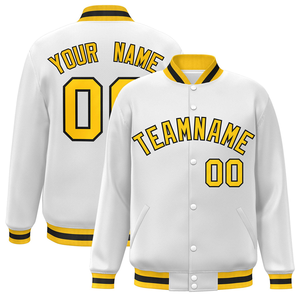 Custom White Yellow-Black Bomber Full-Snap Varsity Letterman Jacket