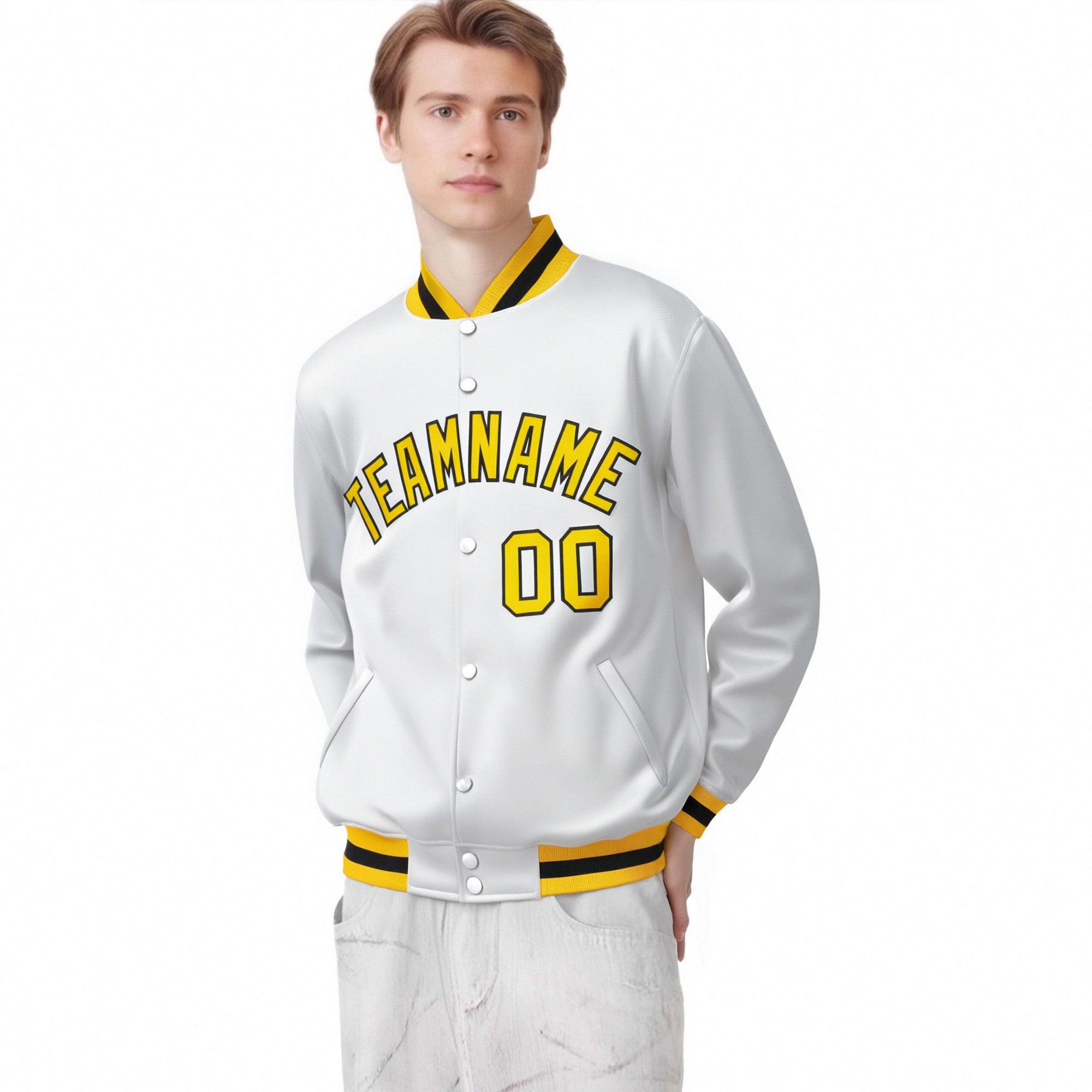 Custom White Yellow-Black Bomber Full-Snap Varsity Letterman Jacket