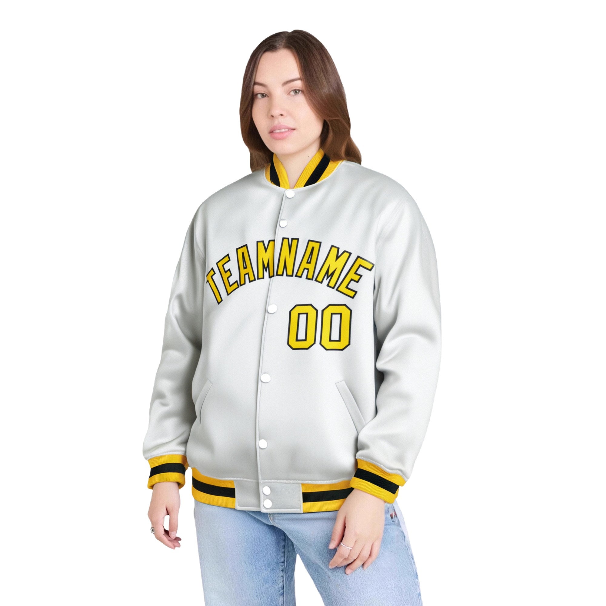 Custom White Yellow-Black Bomber Full-Snap Varsity Letterman Jacket