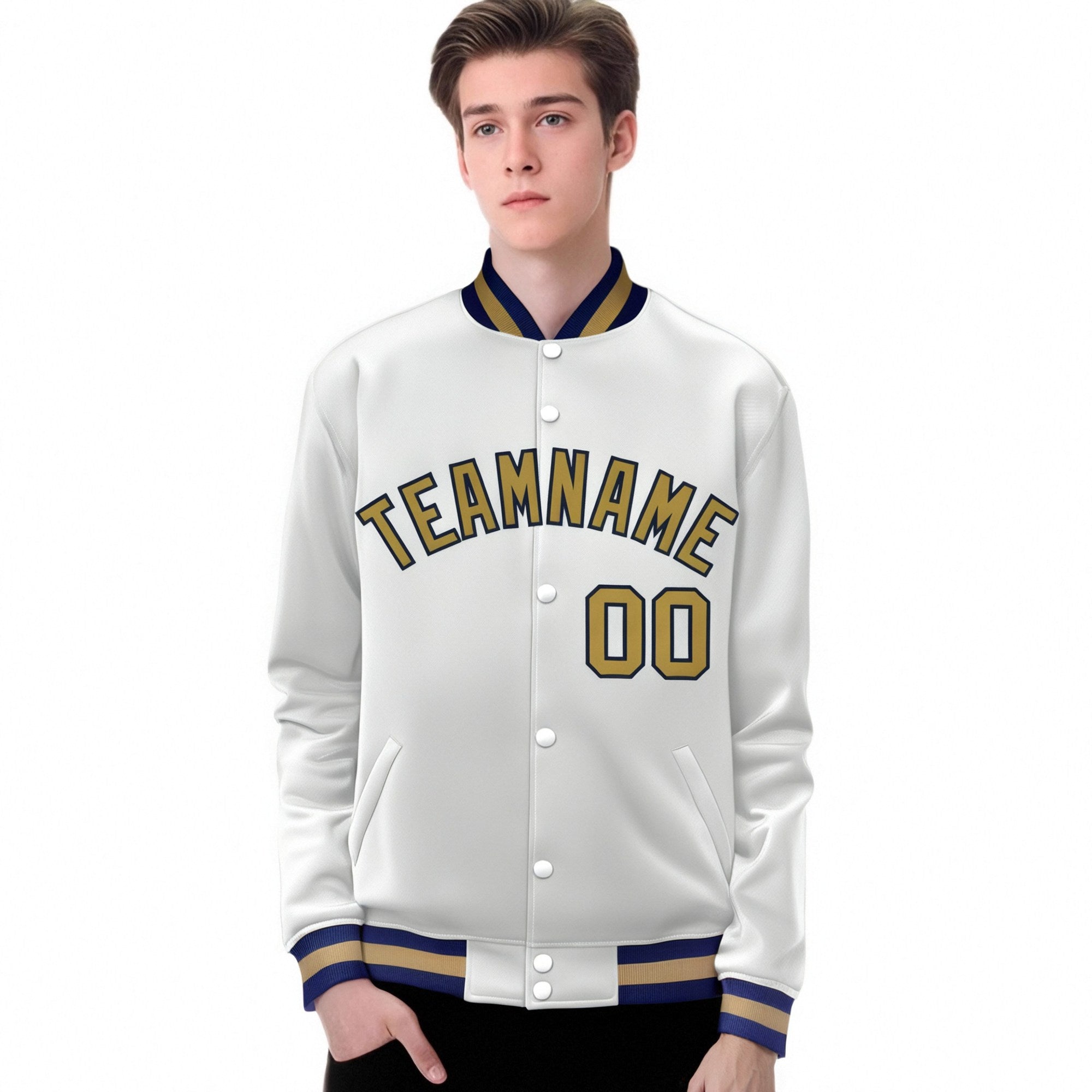 Custom White Old-Gold Navy Bomber Full-Snap Varsity Letterman Jacket