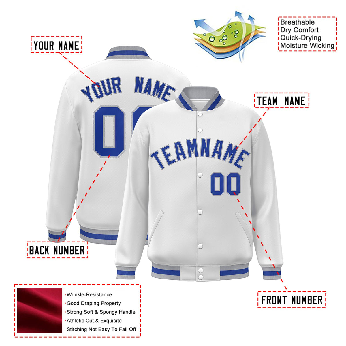 Custom White Thunder-Blue Gray Bomber Full-Snap Varsity Letterman Jacket