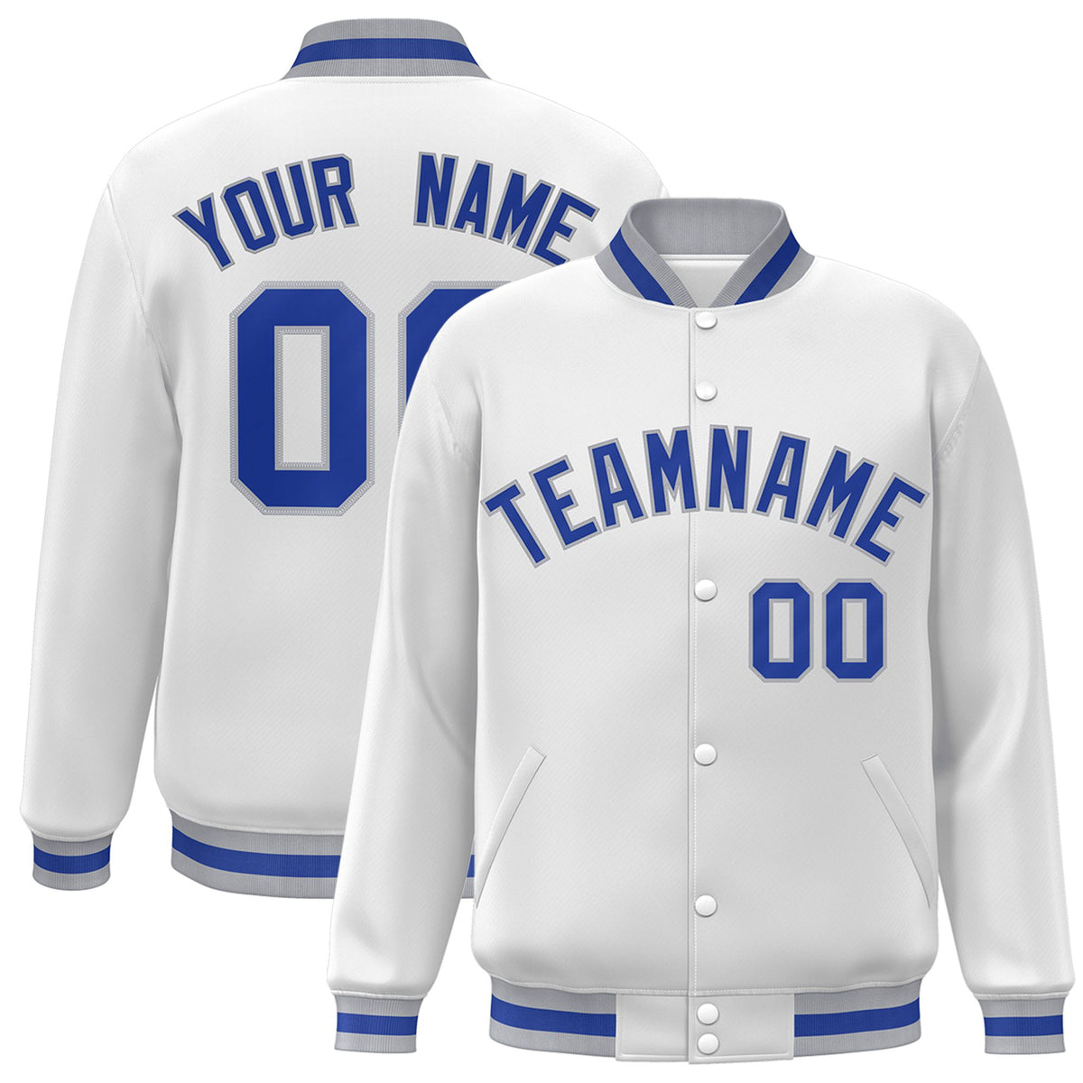Custom White Thunder-Blue Gray Bomber Full-Snap Varsity Letterman Jacket