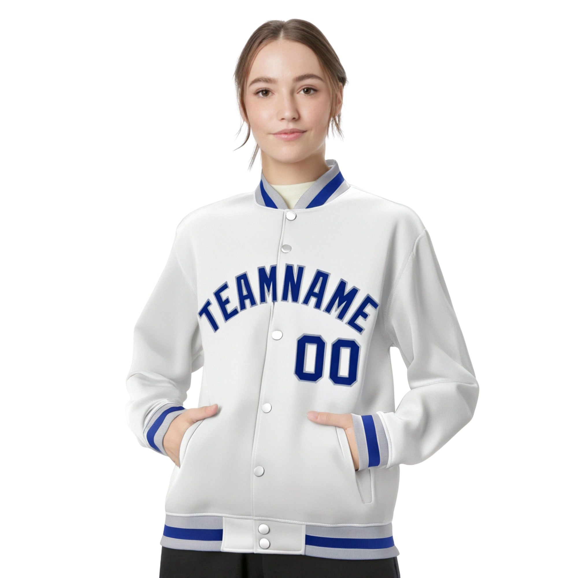 Custom White Thunder-Blue Gray Bomber Full-Snap Varsity Letterman Jacket