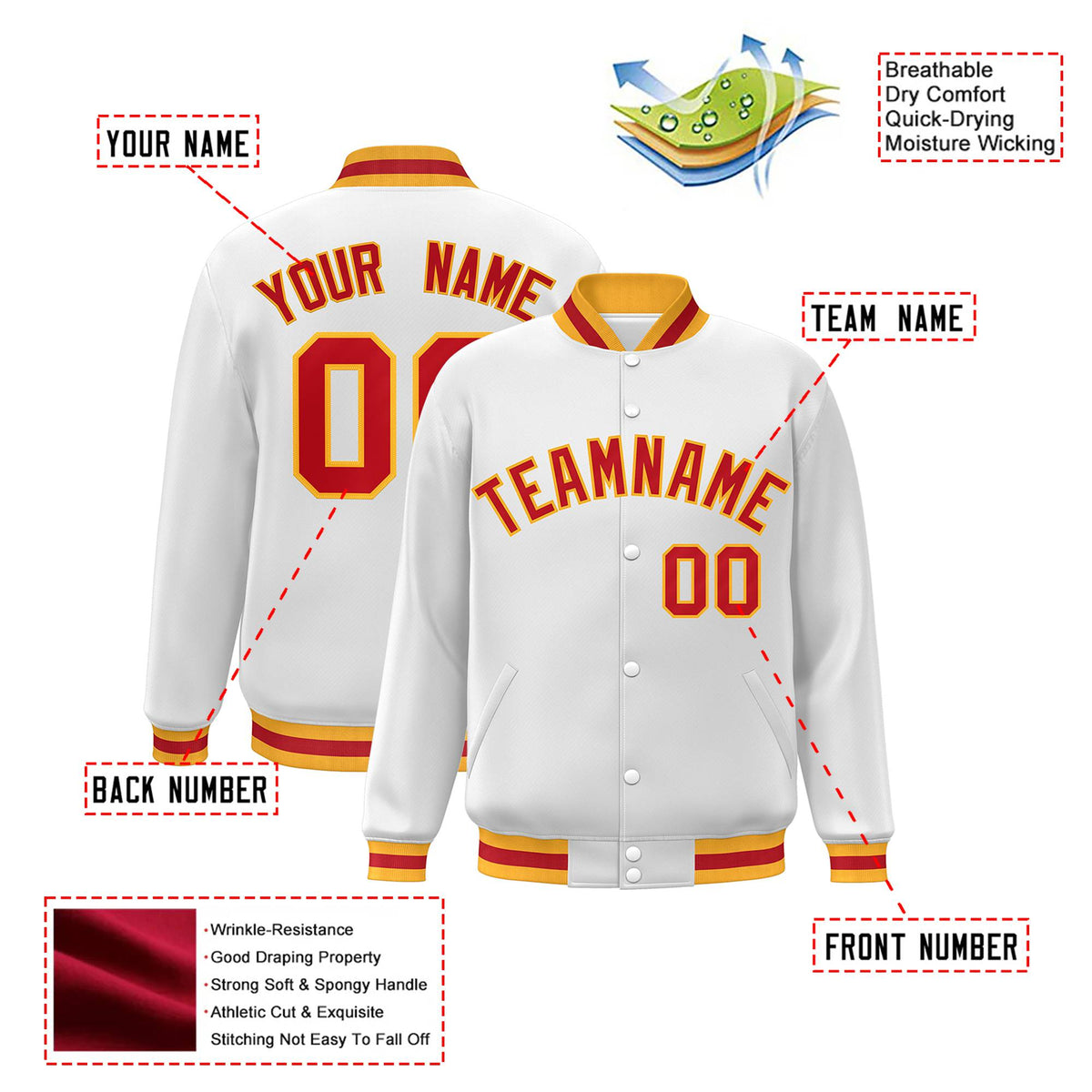 Custom White Orange Yellow Bomber Full-Snap Varsity Letterman Jacket