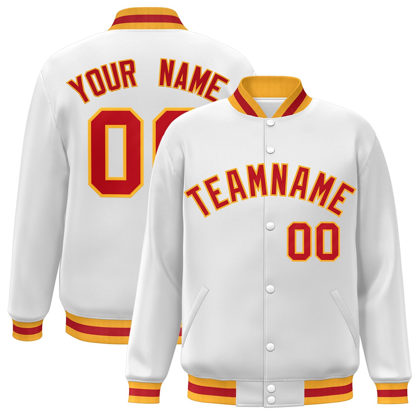 Custom White Orange Yellow Bomber Full-Snap Varsity Letterman Jacket