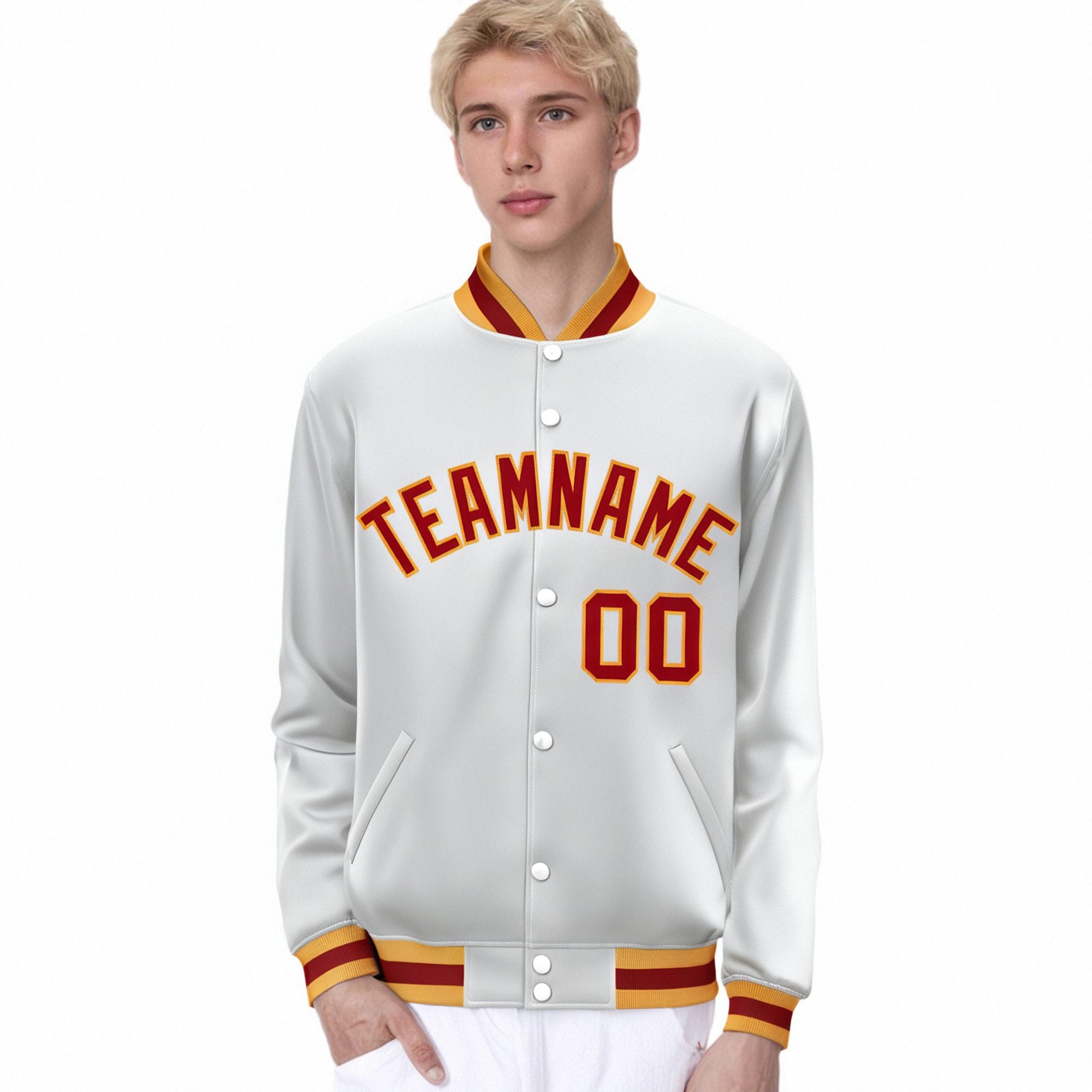 Custom White Orange Yellow Bomber Full-Snap Varsity Letterman Jacket