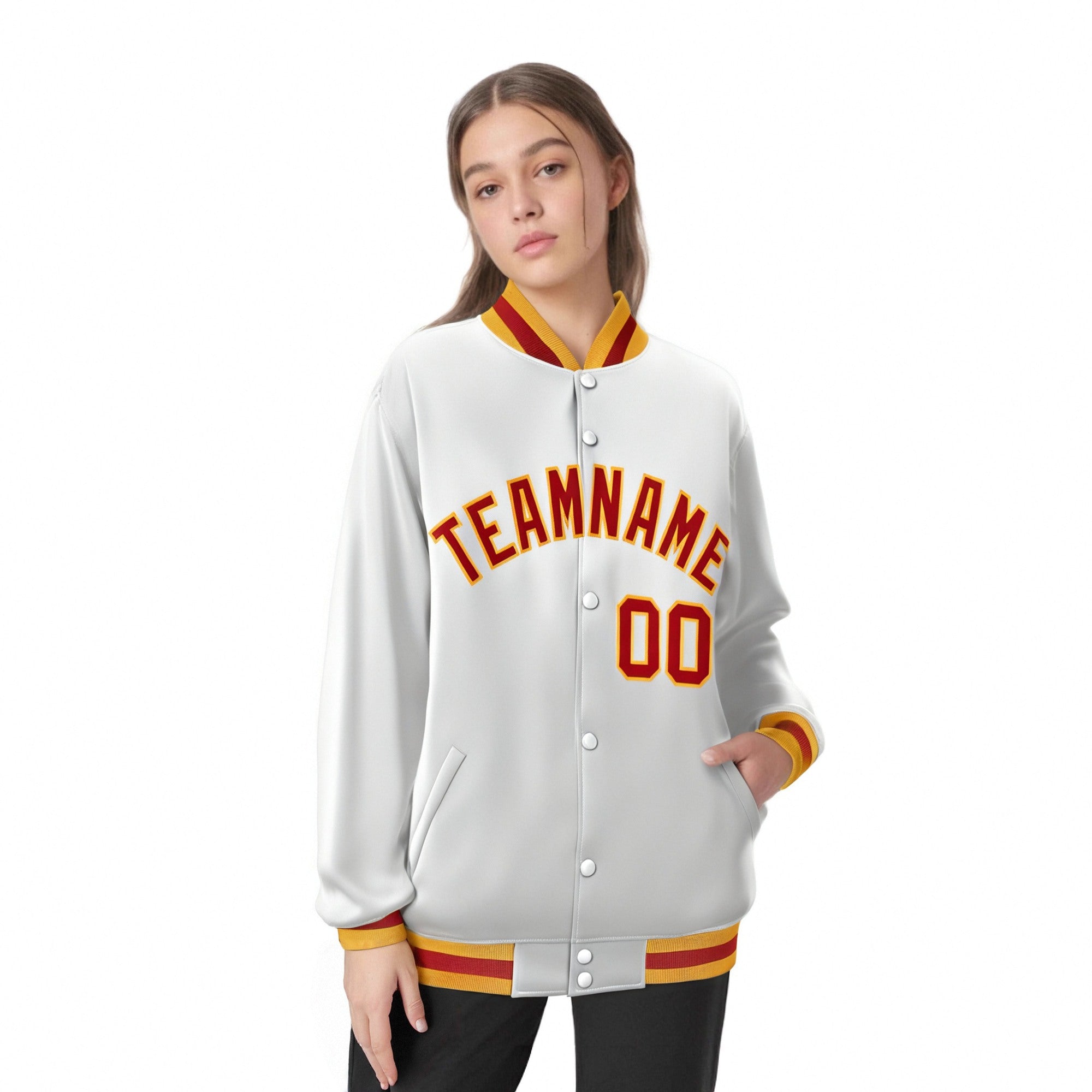 Custom White Orange Yellow Bomber Full-Snap Varsity Letterman Jacket