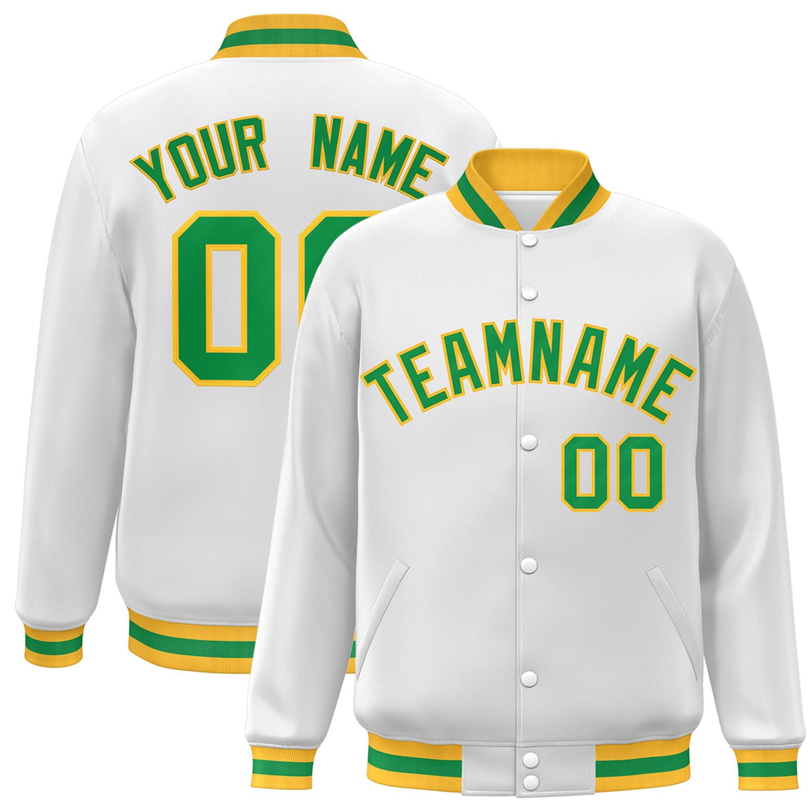 Custom White Neon-Green Yellow Bomber Full-Snap Varsity Letterman Jacket