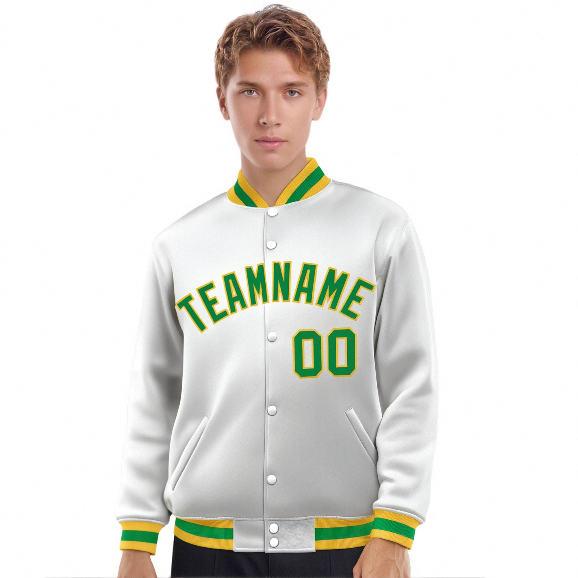 Custom White Neon-Green Yellow Bomber Full-Snap Varsity Letterman Jacket