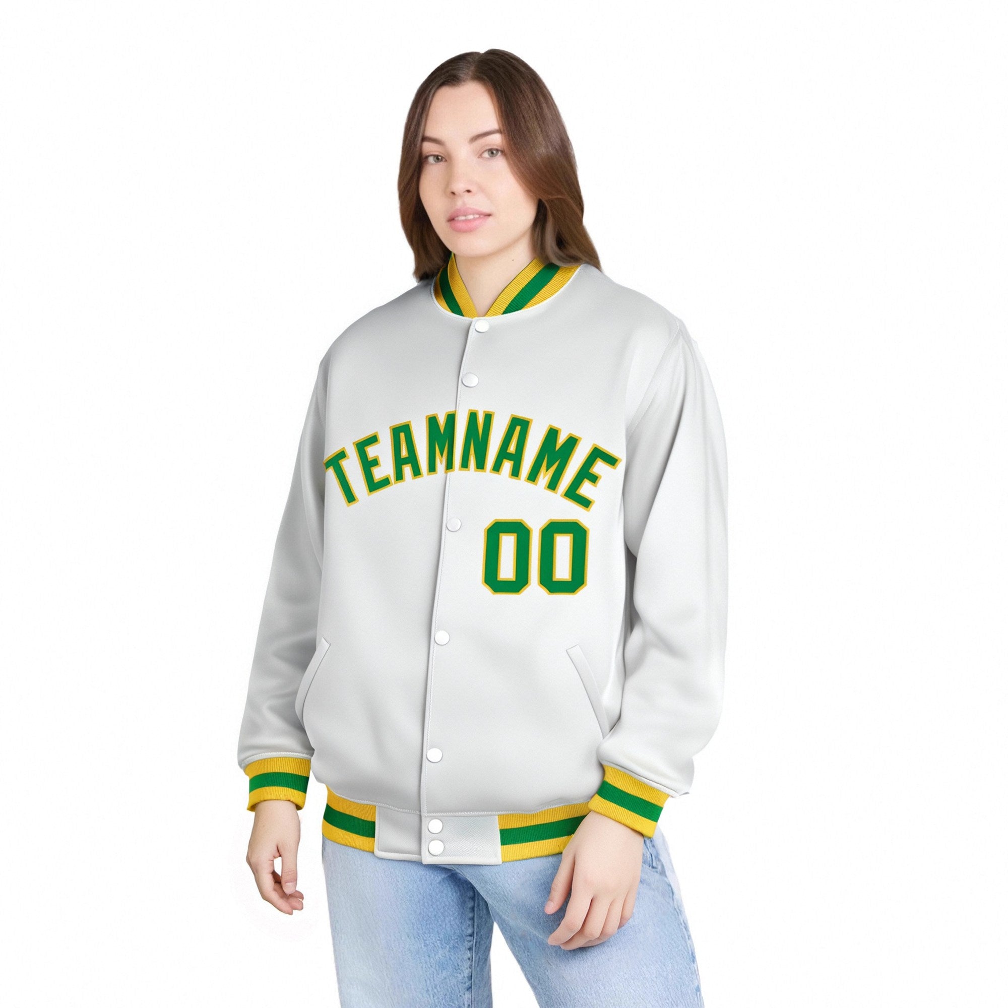 Custom White Neon-Green Yellow Bomber Full-Snap Varsity Letterman Jacket